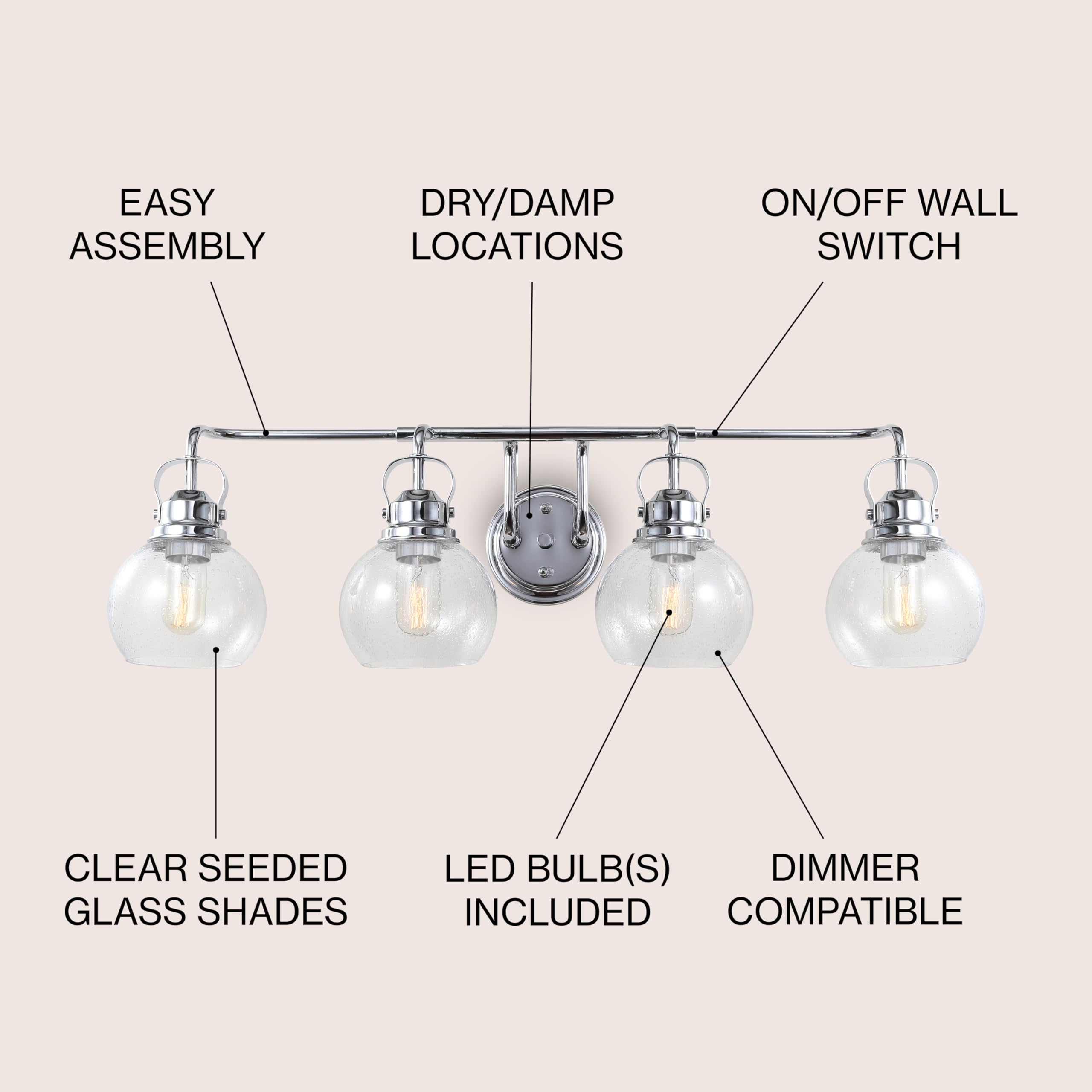 - Easy Assembly
- Dry/Damp Locations
- On/Off Wall Switch
- Clear Seeded Glass Shades
- LED Bulb(s) Included
- Dimmer Compatible