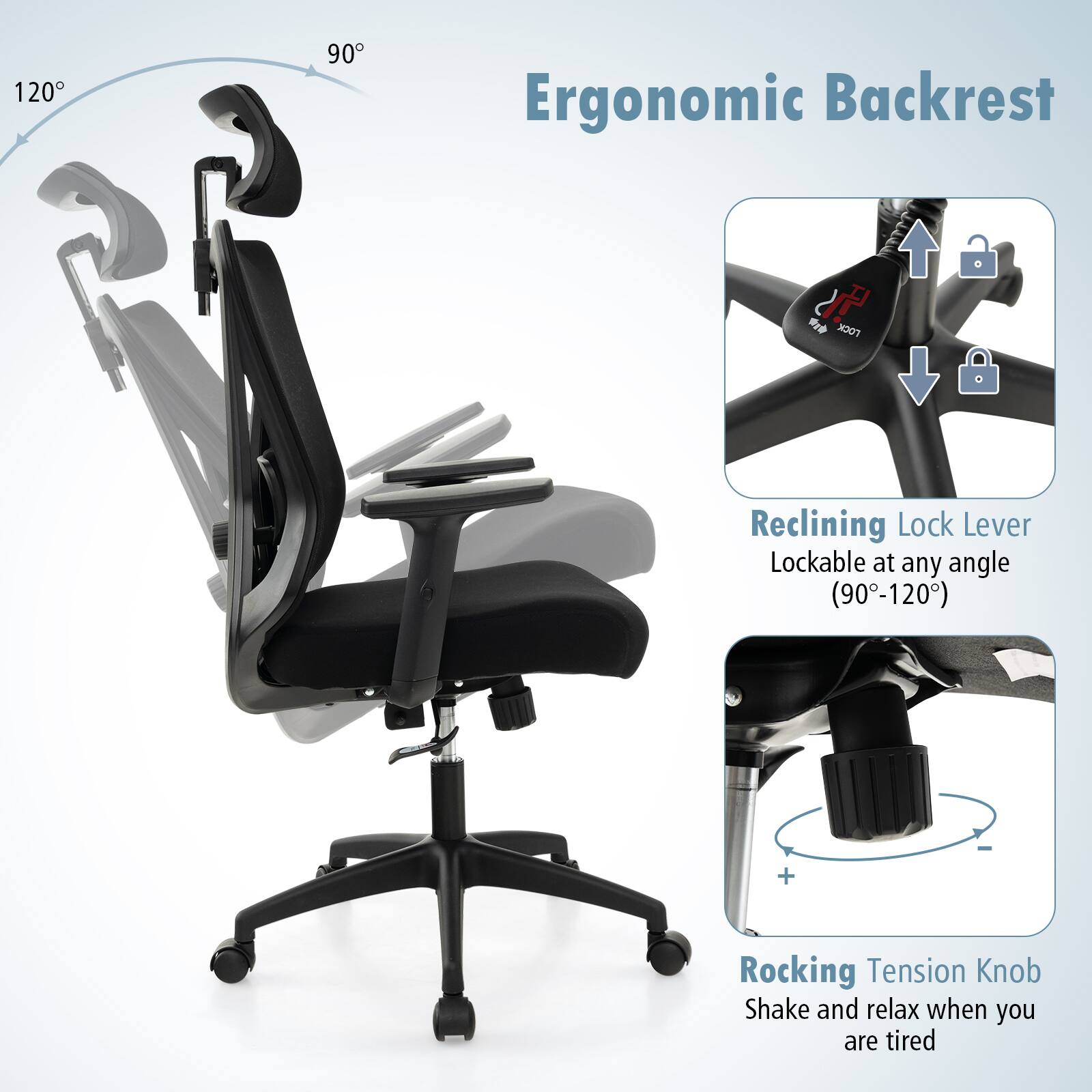 Ergonomic Backrest: 120-90 degrees lockable at any angle. Rocking Tension Knob: Shake and relax when you are tired.