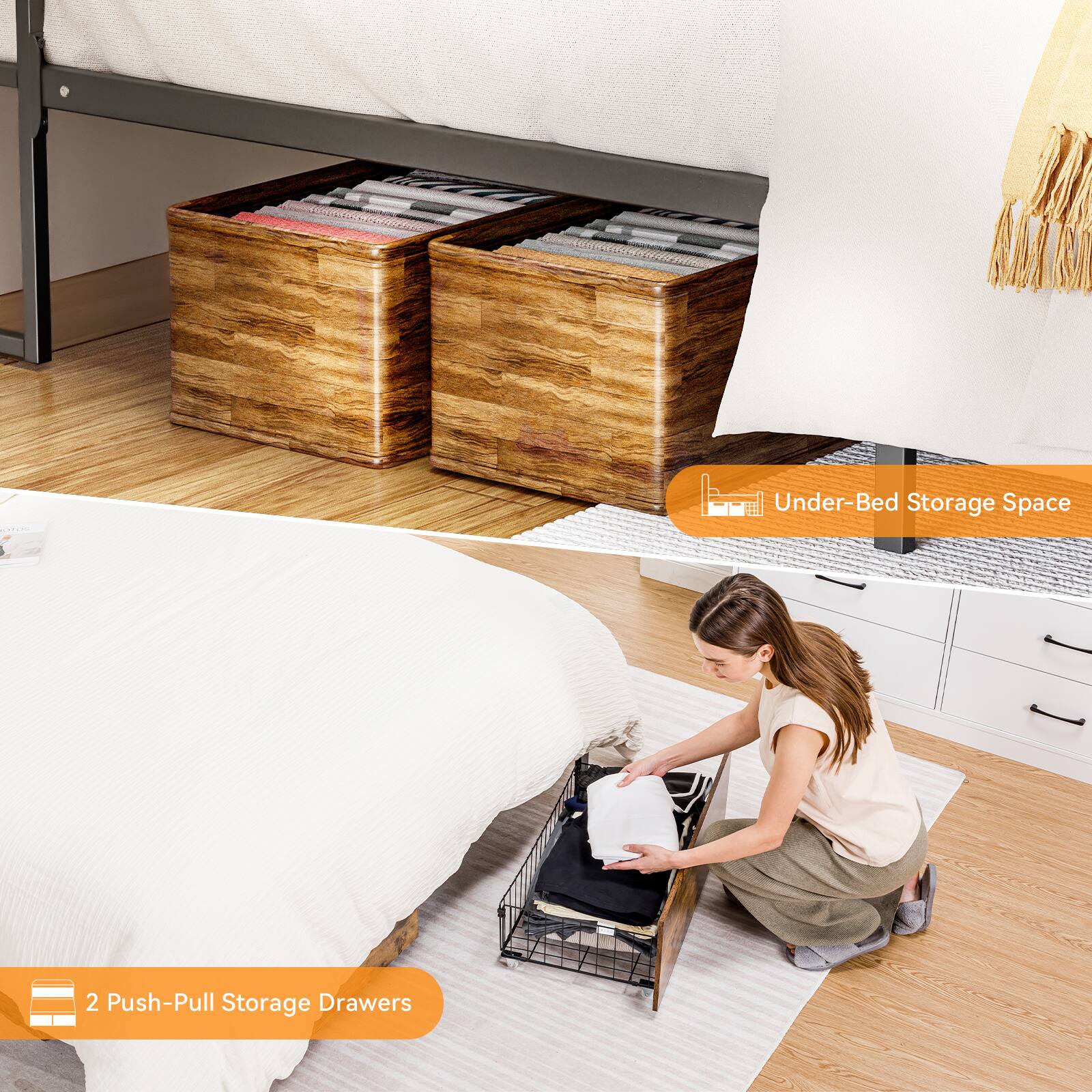 Under-Bed Storage Space, 2 Push-Pull Storage Drawers