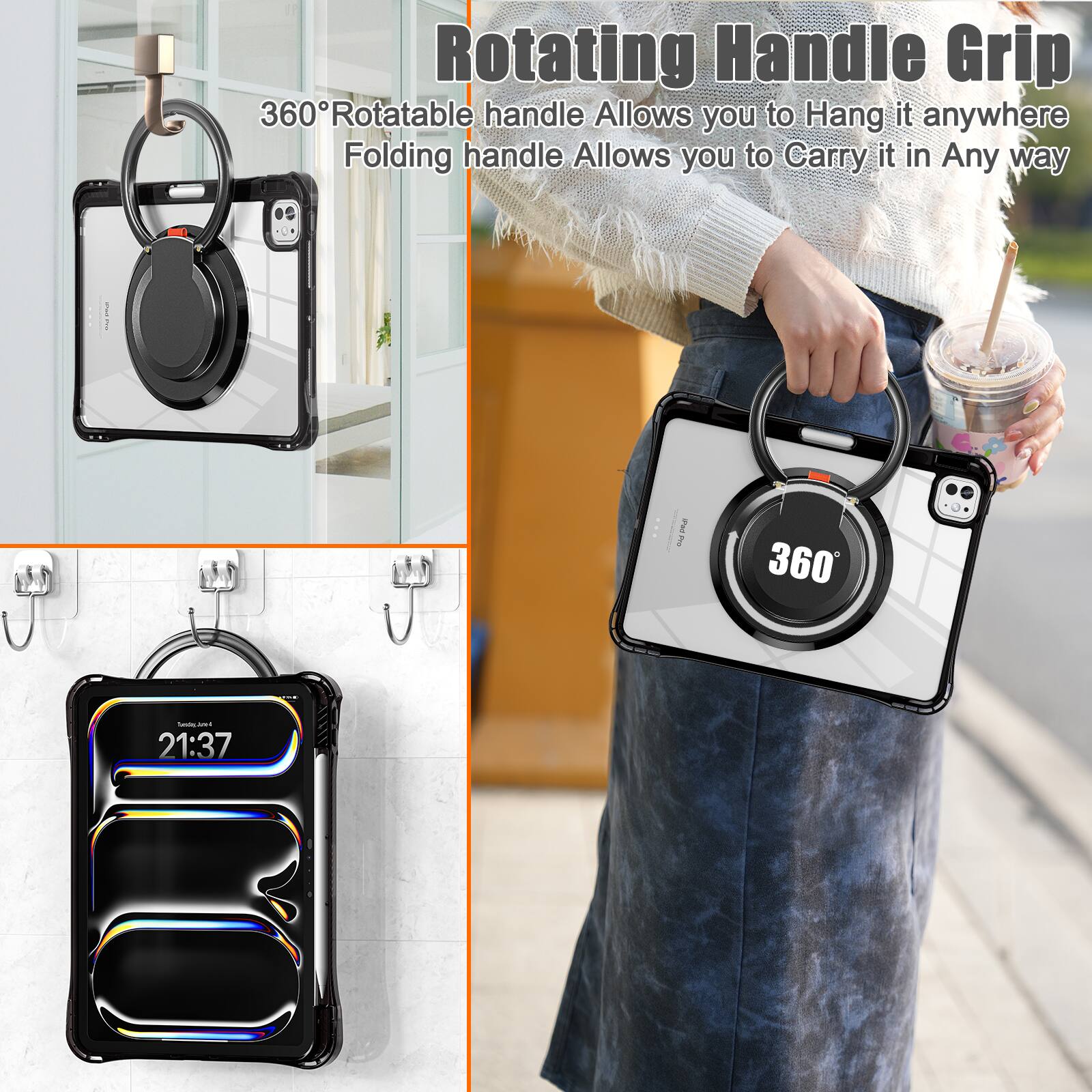 Rotating Handle Grip  
360° Rotatable handle Allows you to Hang it anywhere  
Folding handle Allows you to Carry it in Any way  

360°  

21:37