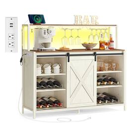 Songmics Home - Coffee Bar Cabinet with Power Outlet and Voice Control LED Light, Buffet Cabinet with Sliding Barn Doors, S Hooks - Rustic White and Honey Brown