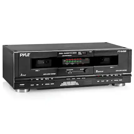 PYLE - DUAL CASSETTE DECK - PT-649D
- A PLAY
- POWER
- PLAY
- REW
- FF
- STOP/PAUSE
- AUTO STOP SYSTEM
- B REPLAY
- REC
- PLAY
- REW
- FF
- STOP/PAUSE
- AUTO STOP SYSTEM
- Features:
- HIGH SPEED BUBBING
- DYNAMIC NOISE REDUCTION
- RECORDING LEVEL ADJUSTABLE
- Additional:
- LEVEL METER
- NIGHT MODE