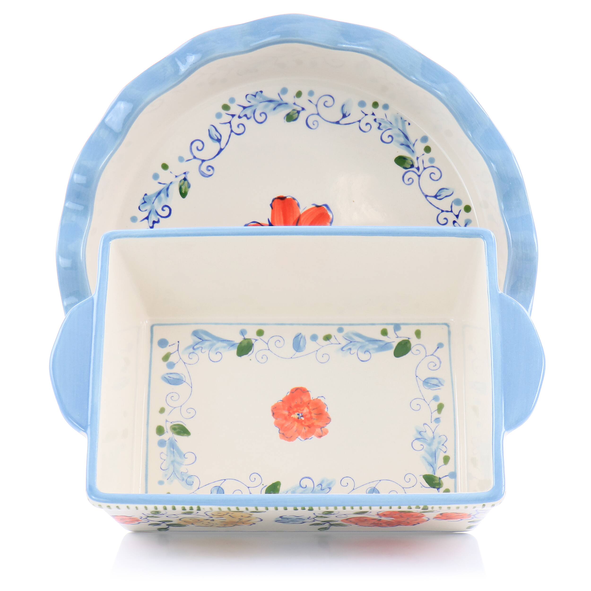 Alt View 7. Gibson - Gibson Elite Anaya 2 Piece Stoneware Bakeware Set with Hand Painted Designs - White and Blue.