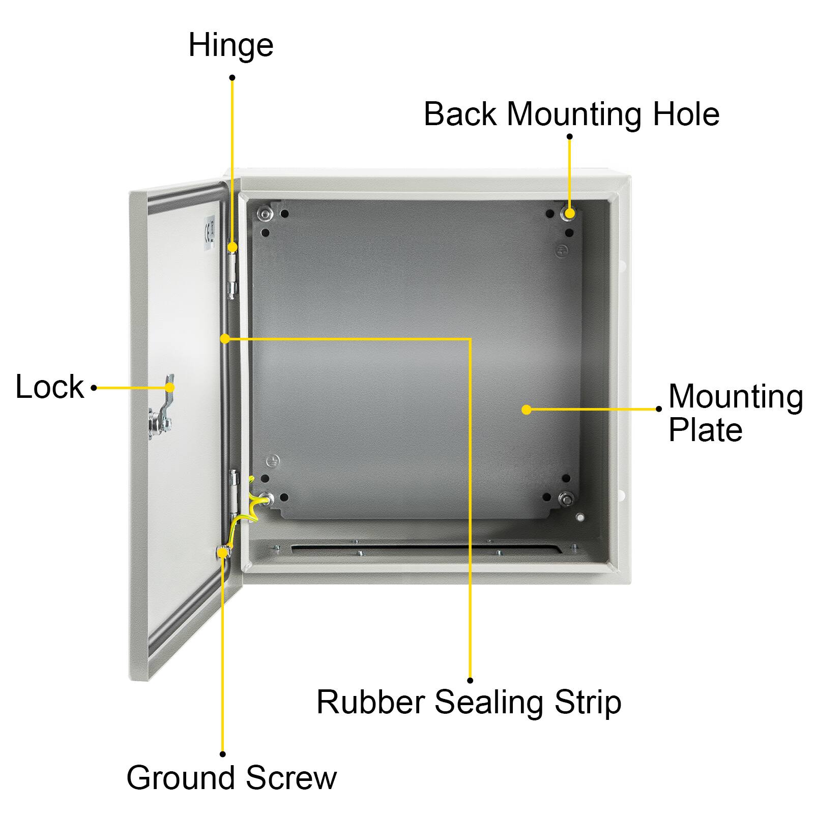 Hinge  
Back Mounting Hole  
Lock  
Mounting Plate  
Rubber Sealing Strip  
Ground Screw