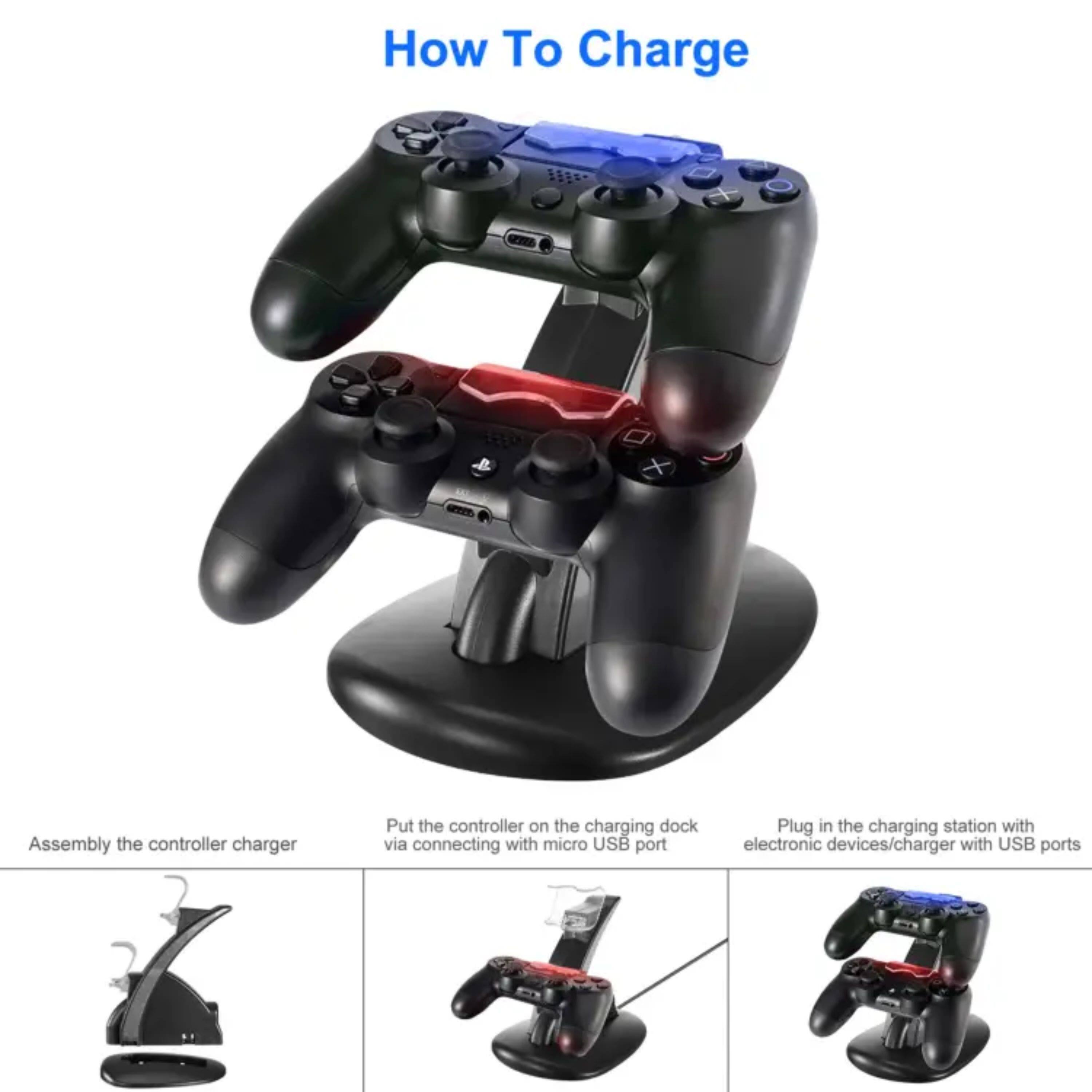 How To Charge

1. Assemble the controller charger
2. Put the controller on the charging dock via connecting with micro USB port
3. Plug in the charging station with electronic devices/charger with USB ports