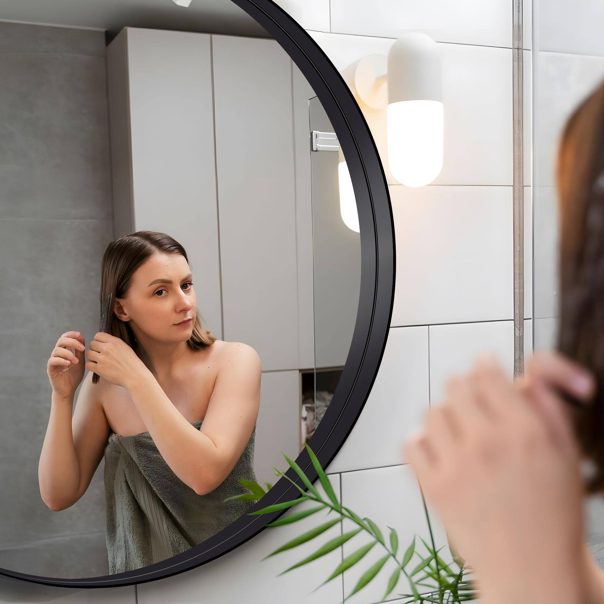 Alt View 3. VEGA AUTOMOTIVE - Round Mirror Deep Frame Circle Metal Bathroom Mirrors For Wall Entryway Washroom Bedroom Living Room Hallway - Black Deep Frame 42"L x 42"W.