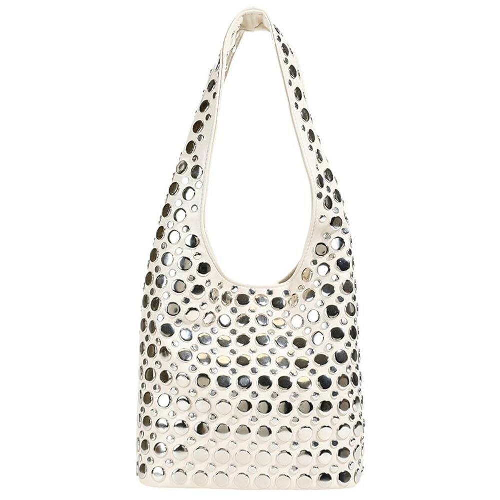 Front. Live At Space - Y2k 90s Crescent Hobo Bags Women Trendy Studded Pu Leather Shoulder Crossbody Purse Punk Underarm Satchels Tote Handbag - A Beige.