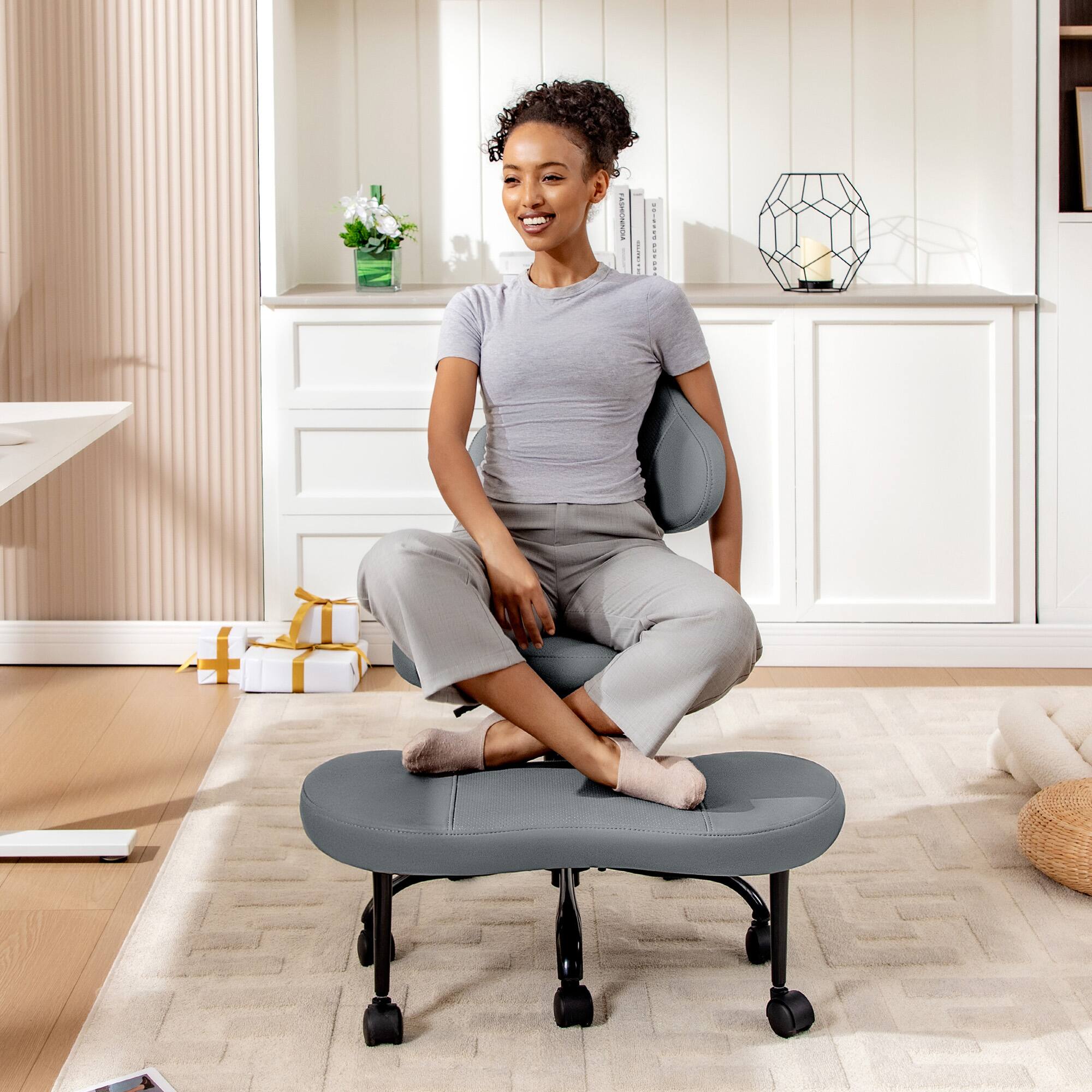 Alt View 4. KERDOM - Ergonomic Cross-Legged Office Chair with Wheels, Meditation & Kneeling Chair for Adult, PU Leather Wide Seat 360° Swivel - Grey.