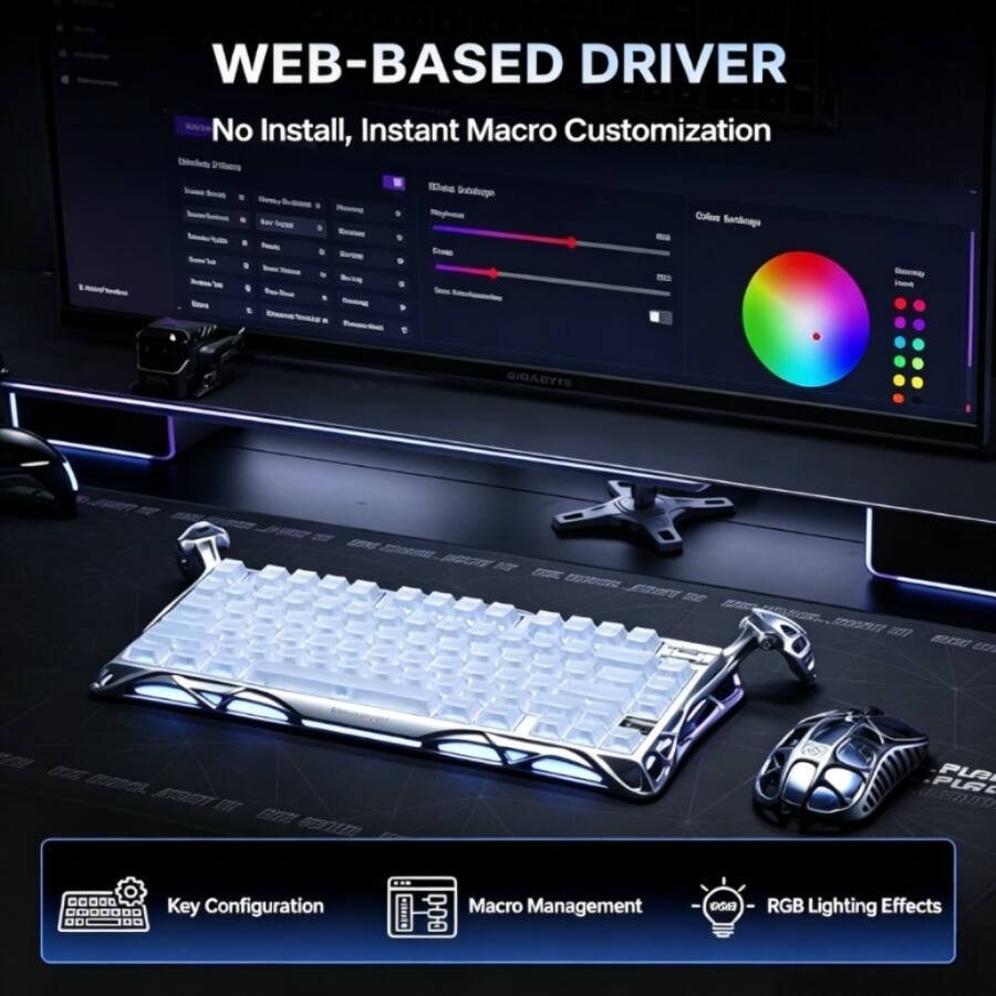 WEB-BASED DRIVER  
No Install, Instant Macro Customization  

Key Configuration  
Macro Management  
RGB Lighting Effects