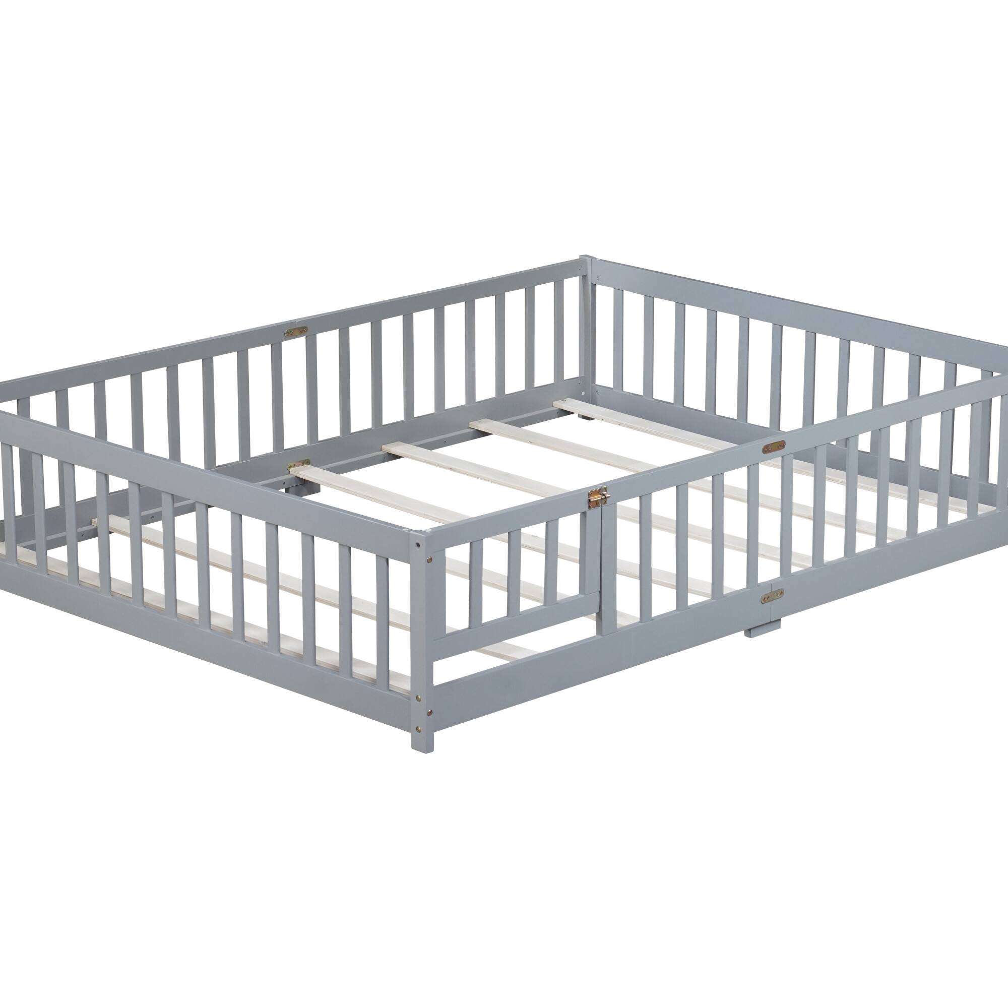 Alt View 6. GOODSILO - Queen Size Low-Profile Platform Bed with Safety Guardrails and Entry Door for Secure Sleeping Space - Grey.