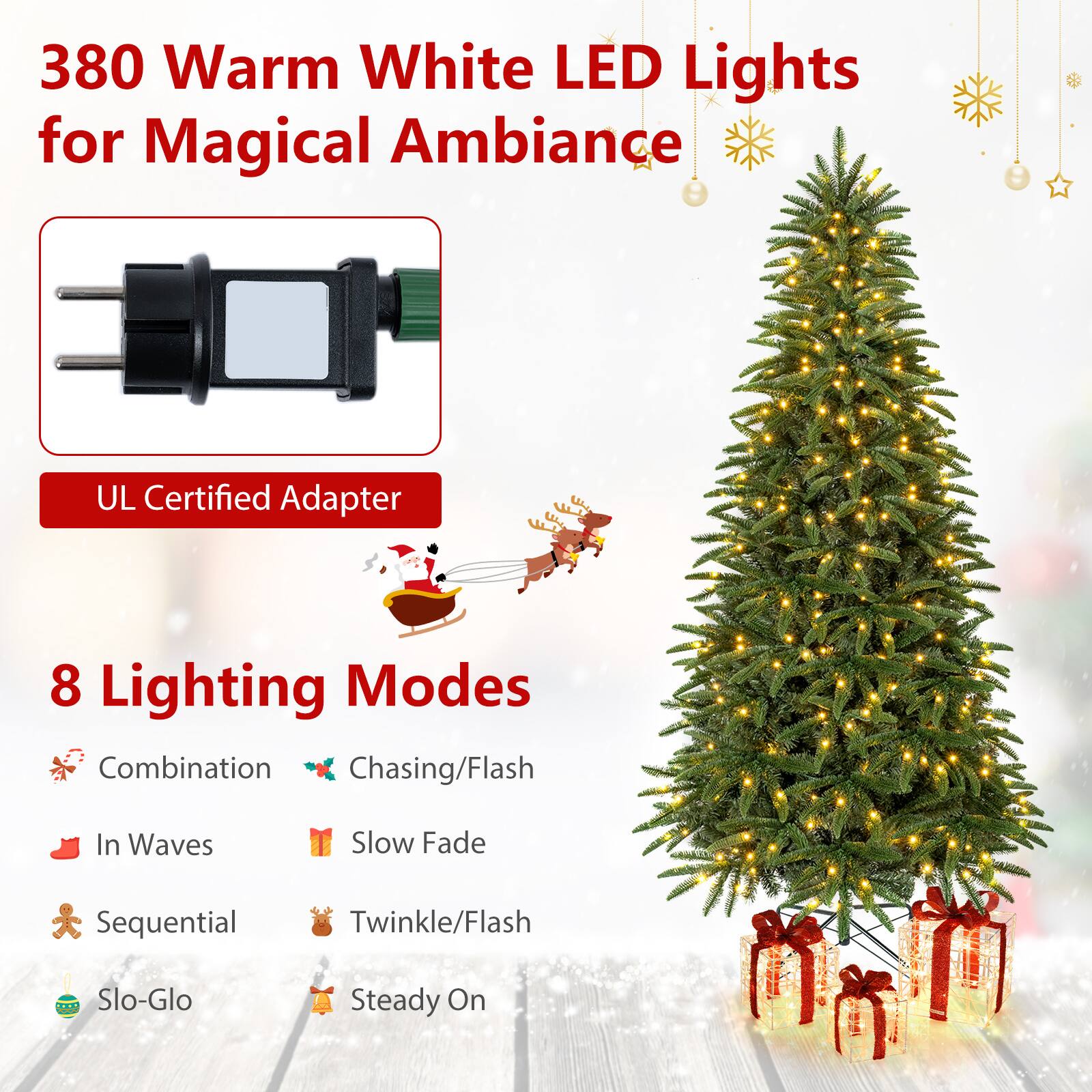 380 Warm White LED Lights for Magical Ambiance

UL Certified Adapter

8 Lighting Modes
- Combination
- Chasing/Flash
- In Waves
- Slow Fade
- Sequential
- Twinkle/Flash
- Slo-Glo
- Steady On