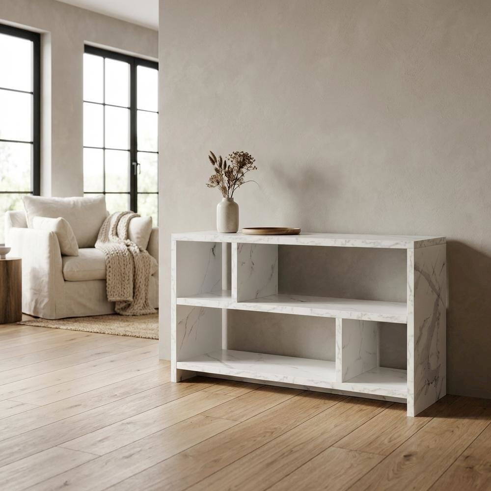 Alt View 2. FurniFact - White Faux Marble TV Stand Console with Shelves and Hollow Core Material - White.