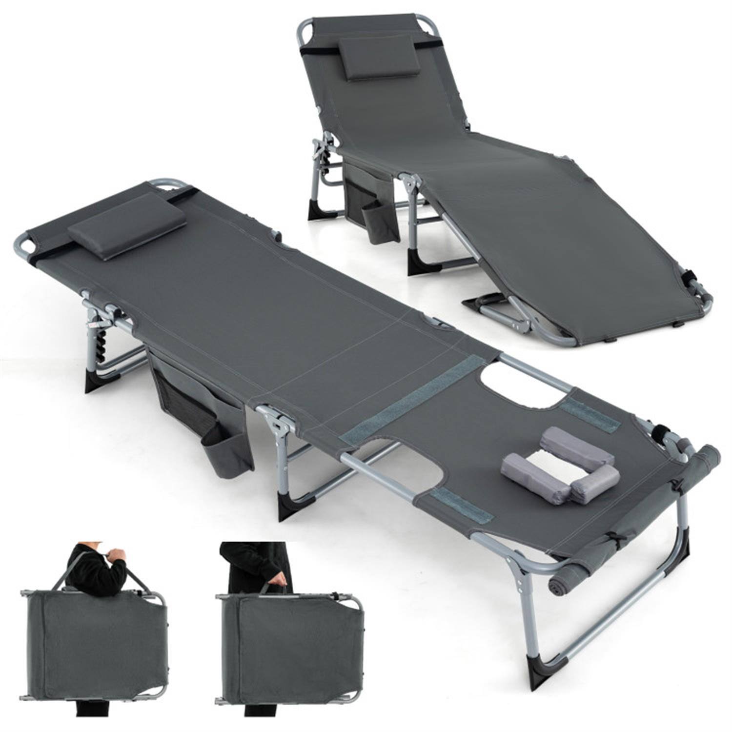 Alt View 1. Pefilos - 5-position Outdoor Patio Folding Chaise Lounge Chair for Outside Pool, Sunbathing and Reading on Stomach, Gray Cushion - Gray.