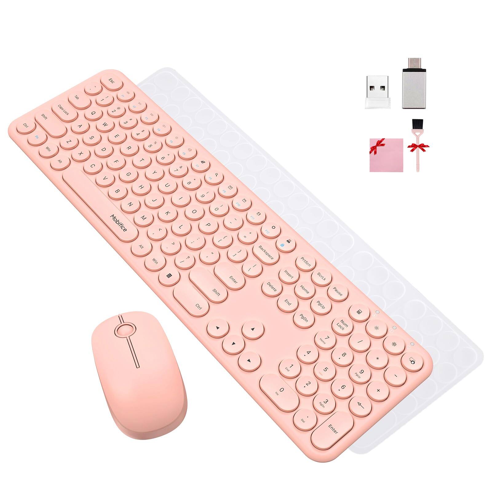 Sure, here is the corrected and grouped text from the image:

**Keyboard:**
- Q W E R T Y U I O P
- A S D F G H J K L
- Z X C V B N M
- 1 2 3 4 5 6 7 8 9 0
- Shift
- Caps Lock
- Ctrl
- Alt
- Enter
- Backspace
- Delete
- Insert
- Home
- End
- Page Up
- Page Down
- Num Lock
- Num Pad (0-9, +, -, *, /, ., Enter)
- Function keys (F1-F12)
- Print Screen
- Scroll Lock
- Pause
- Windows
- Menu

**Mouse:**
- Left Click
- Right Click
- Scroll Wheel

**Additional Items:**
- USB Receiver
- USB Cable
- Batteries (2x AA)
- Stickers (2x)