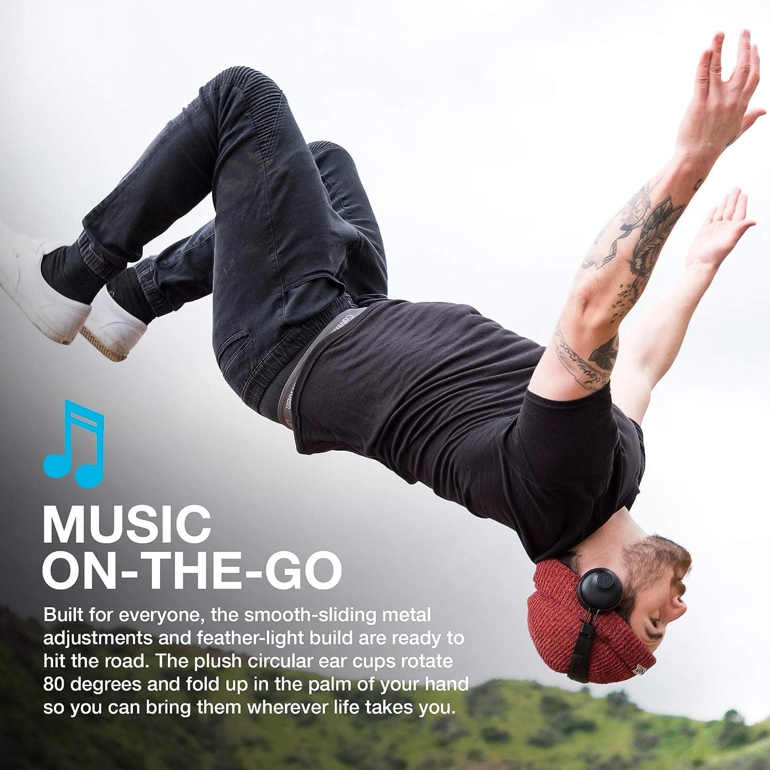MUSIC ON-THE-GO Built for everyone, the smooth-sliding metal adjustments and feather-light build are ready to hit the road. The plush circular ear cups rotate 80 degrees and fold up in the palm of your hand so you can bring them wherever life takes you.
