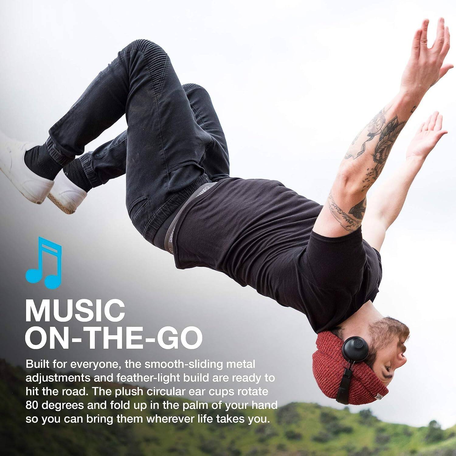 MUSIC ON-THE-GO Built for everyone, the smooth-sliding metal adjustments and feather-light build are ready to hit the road. The plush circular ear cups rotate 80 degrees and fold up in the palm of your hand so you can bring them wherever life takes you.