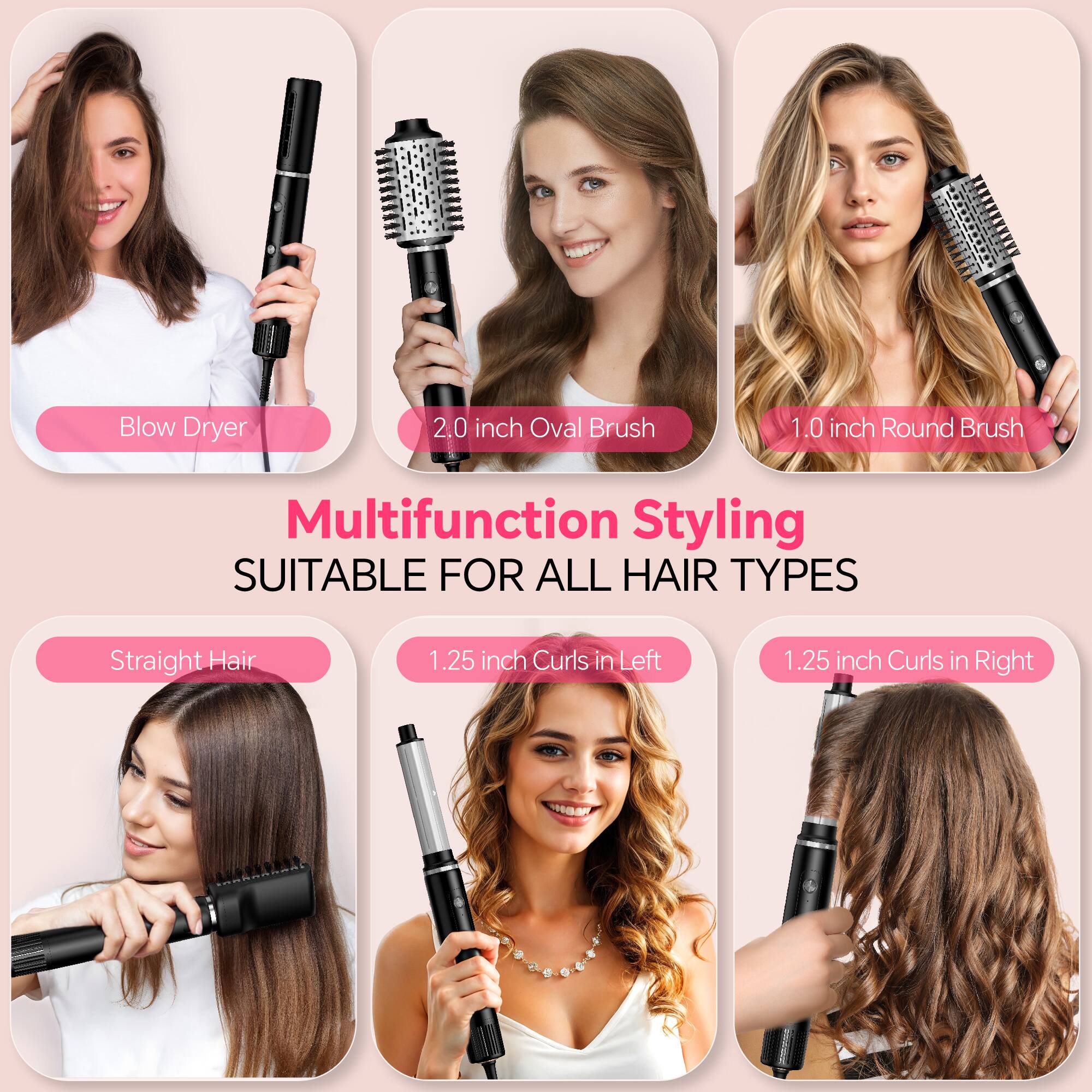 Blow Dryer, 2.0 inch Oval Brush, 1.0 inch Round Brush, Multifunction Styling, SUITABLE FOR ALL HAIR TYPES, Straight Hair, 1.25 inch Curls in Left, 1.25 inch Curls in Right