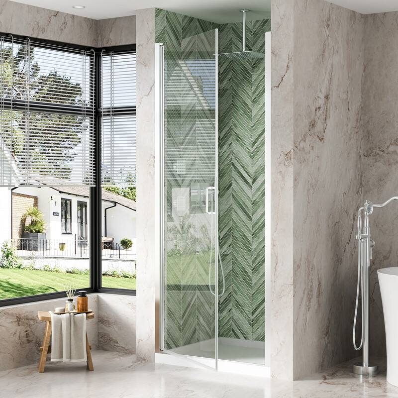 Alt View 1. WELLFOR - 32-7/16"-34"W x 72" H Semi-Frameless Pivot Shower Door -1/4 in. Tempered Glass, Easy Clean Coating - Chrome.