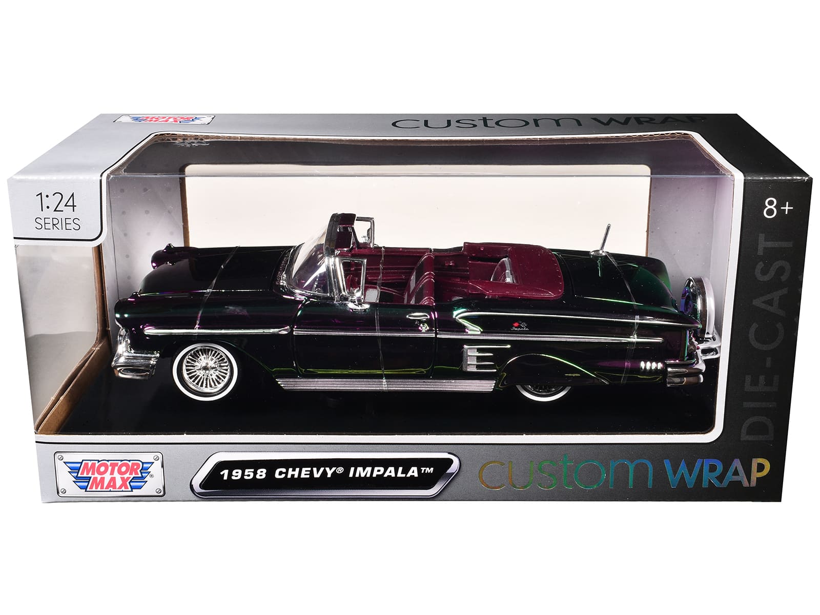 "1958 Chevrolet Impala Green and Purple Chrome ""Custom Wrap"" Series 1/24 Diecast Model by Motormax" price history on PriceWatchPro