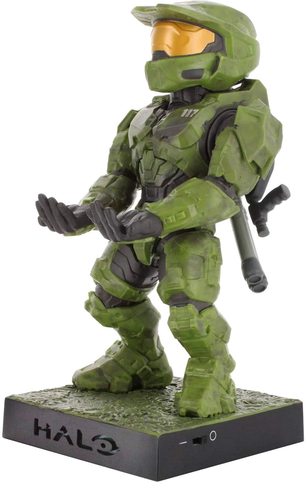 The image features a green Halo action figure, which is a video game character. The figure is standing on a black base and is posed with its arms crossed. The Halo action figure is a collectible item for fans of the Halo video game series.
