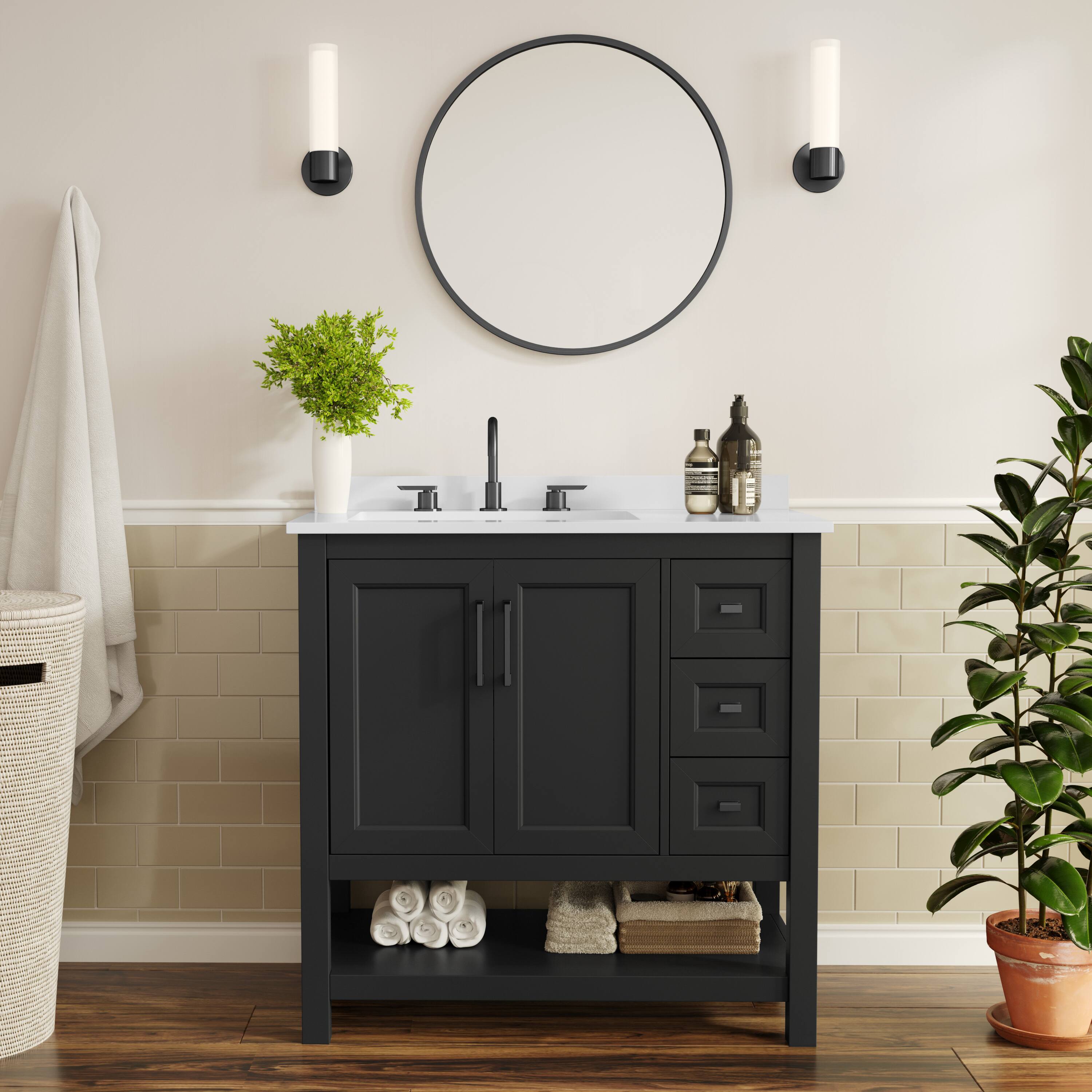 Alt View 1. Flash Furniture - Vega 36" Bathroom Vanity with Sink, Cabinet with Black Hardware, Soft Close Doors, Open Shelf & 3 Drawers, Carrara Marbl - Black.