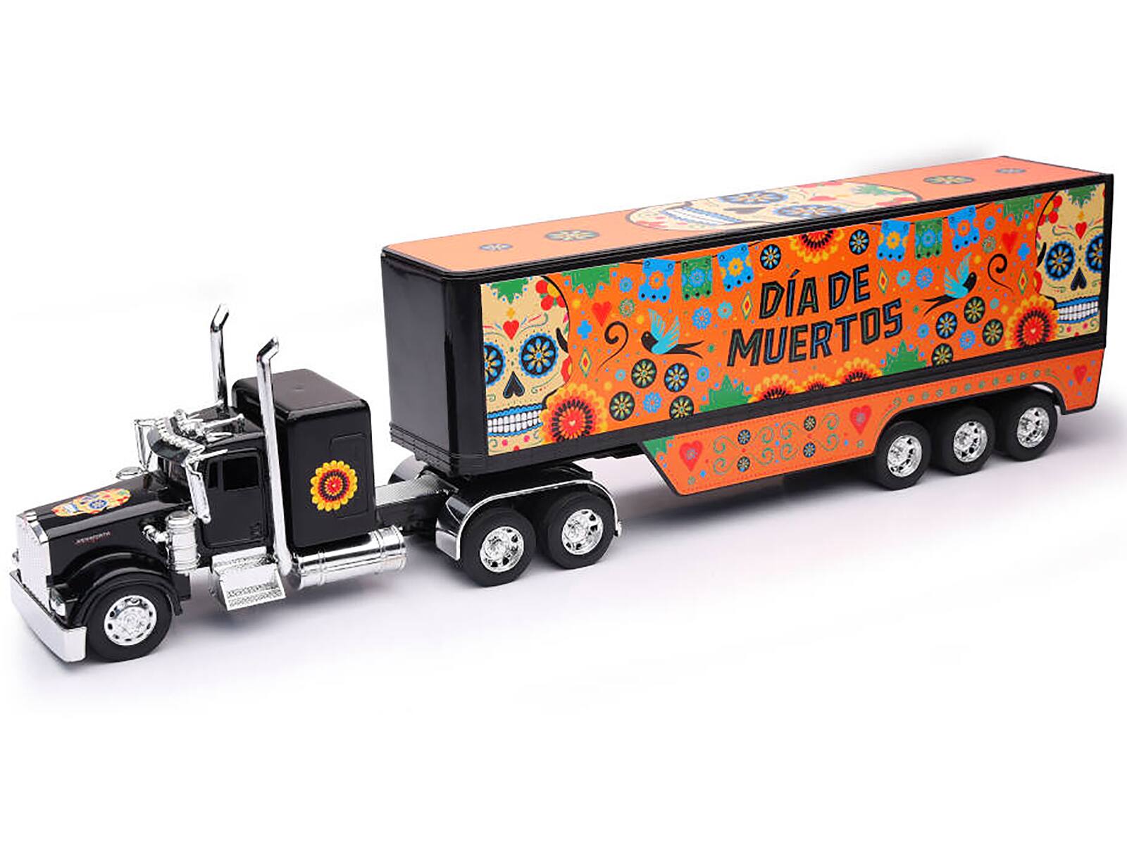 Angle. New Ray - Kenworth W900 Truck Black with Graphics and Dry Van Trailer "Dia De Muertos" 1/32 Diecast Model by New Ray - Black.