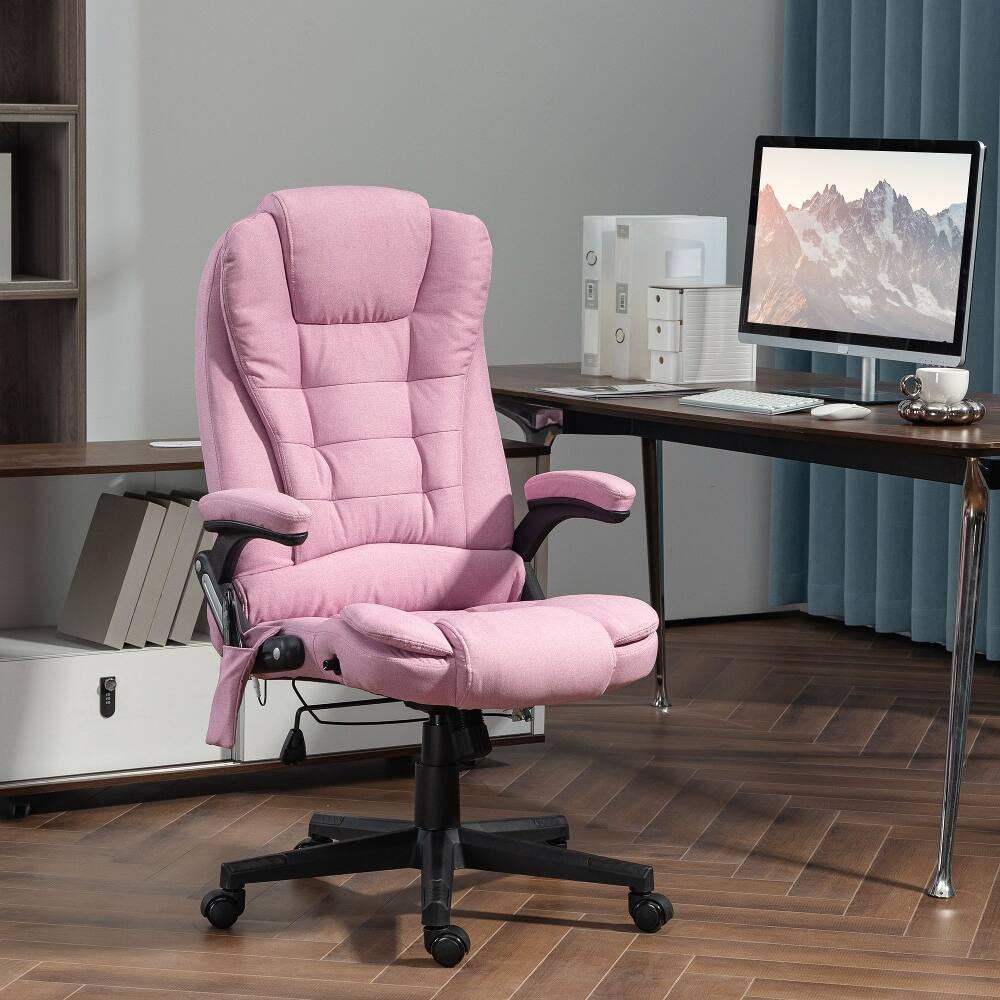 Alt View 6. Loheer - Loheer Pink Massage Office Chair Heated Reclining High Back Linen Vibrating Desk Chair with Remote - Pink.