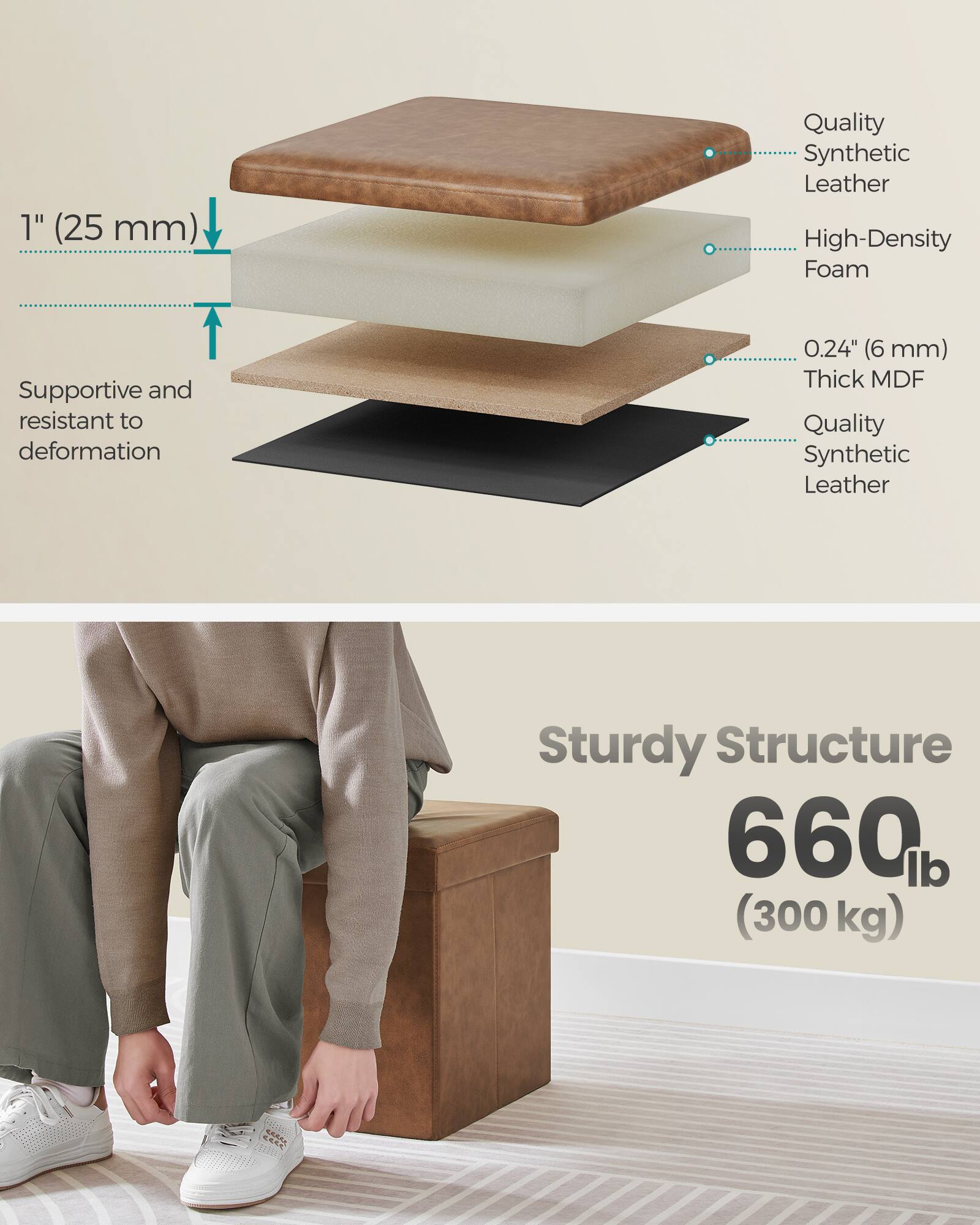 1" (25 mm) Quality Synthetic Leather High-Density Foam Supportive and resistant to deformation 0.24" (6 mm) Thick MDF Quality Synthetic Leather Sturdy Structure 660 lb (300 kg)