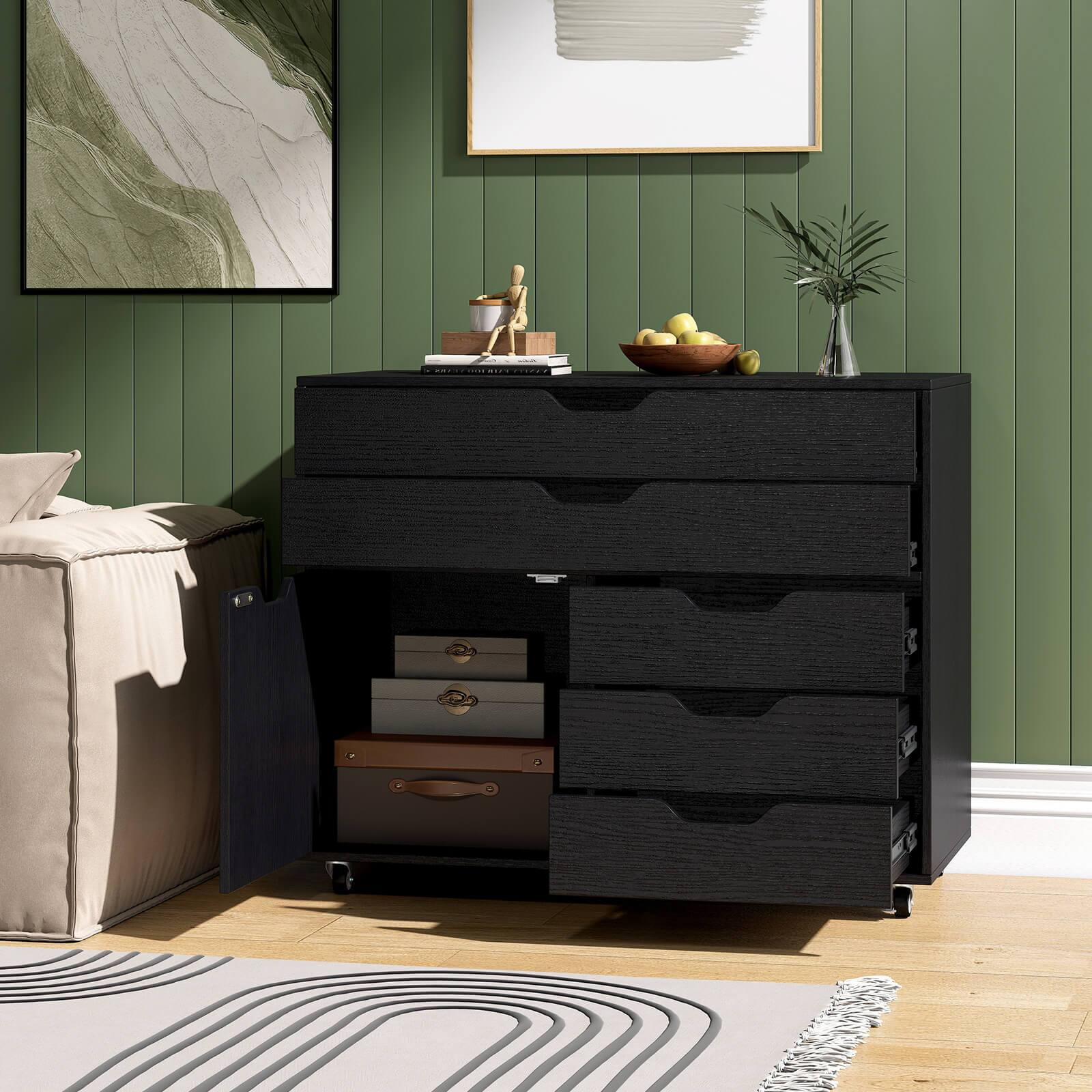 Alt View 4. Costway - Costway 5-Drawer File Cabinet Mobile Chest of Drawers with Side Cabinet 5 Casters Black - Black.