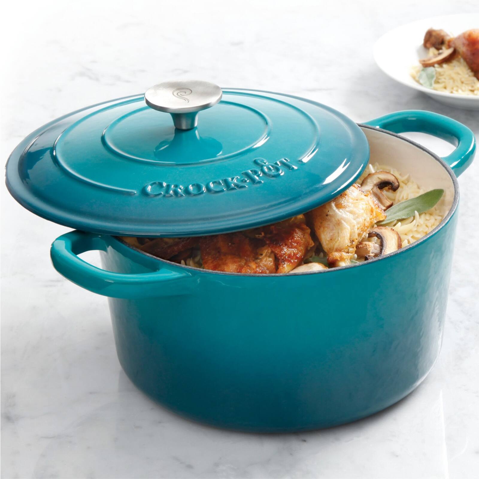 Alt View 2. Crockpot - Crock Pot Artisan 5 Quart Round Enameled Cast Iron Dutch Oven in Teal Ombre - Blue.