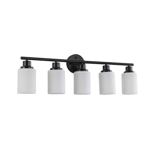 Alt View 3. LUCKY ONE - 31in Wall Mount Vanity Light, 5-Light Black Iron Sconce with Frosted White Glass Shades - Black.
