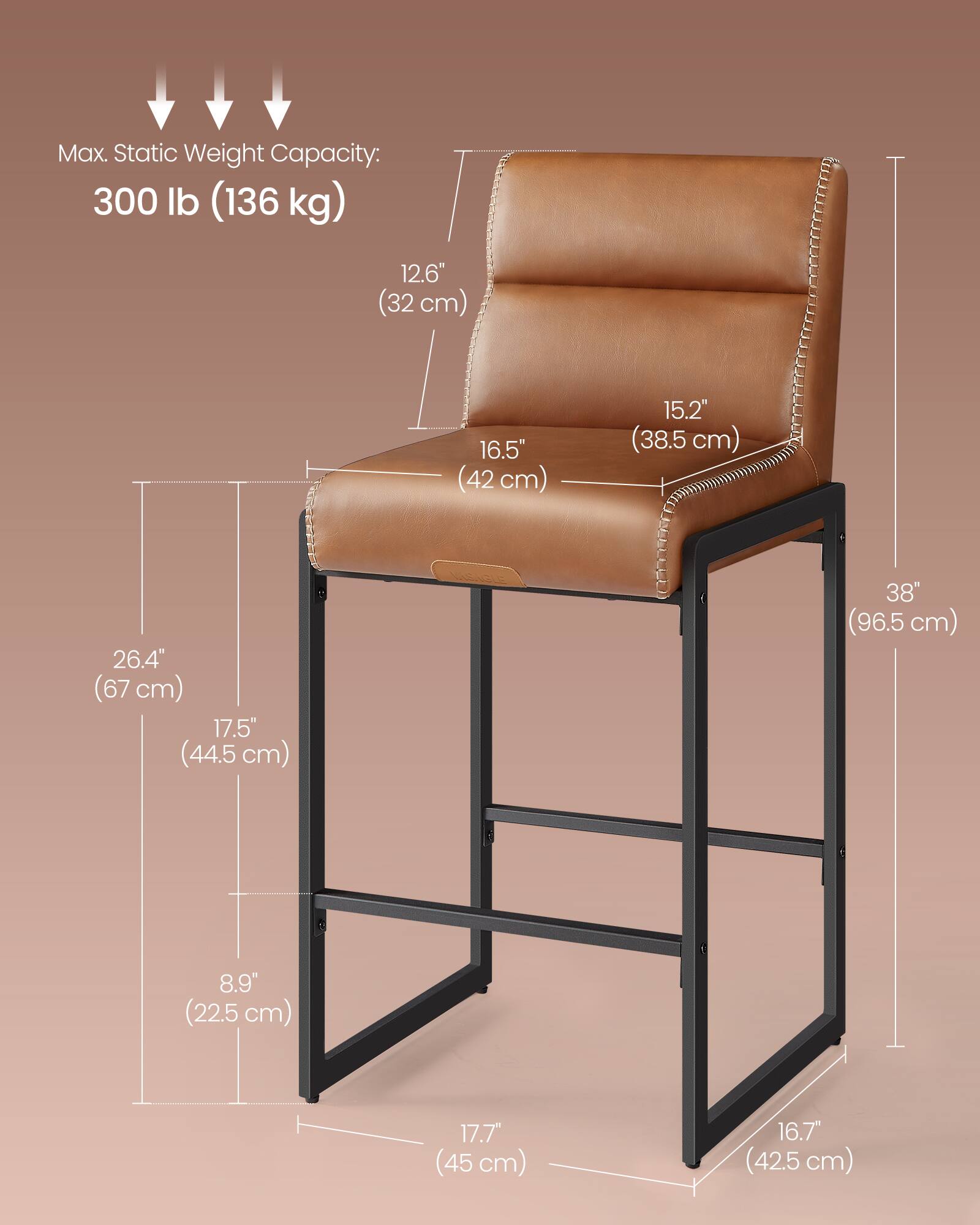 Max. Static Weight Capacity: 300 lb (136 kg)

- 12.6" (32 cm)
- 16.5" (42 cm)
- 15.2" (38.5 cm)
- 26.4" (67 cm)
- 17.5" (44.5 cm)
- 38" (96.5 cm)
- 8.9" (22.5 cm)
- 17.7" (45 cm)
- 16.7" (42.5 cm)