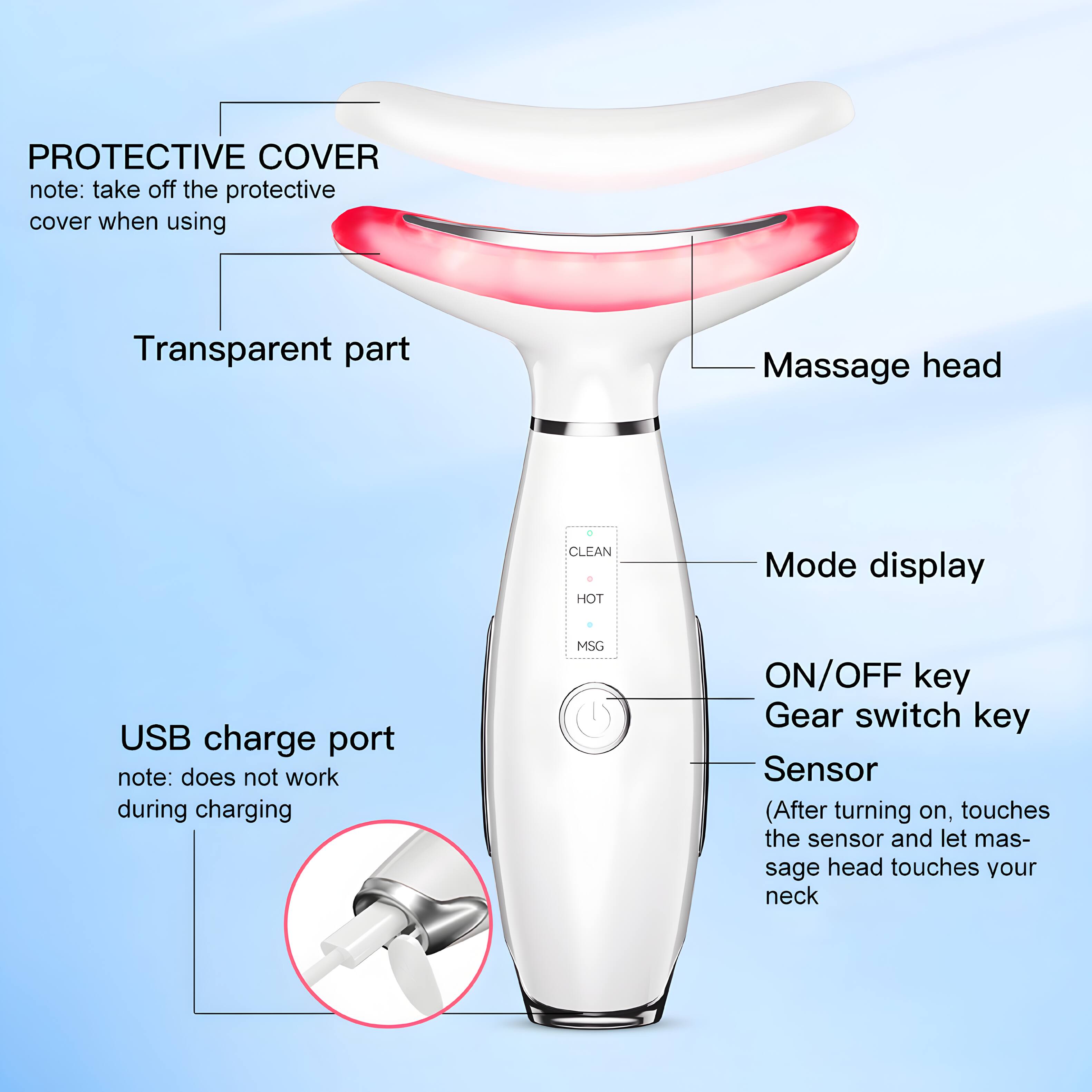 PROTECTIVE COVER  
note: take off the protective cover when using

Transparent part

Massage head

USB charge port  
note: does not work during charging

Mode display

ON/OFF key  
Gear switch key

Sensor  
(After turning on, touches the sensor and let massage head touches your neck