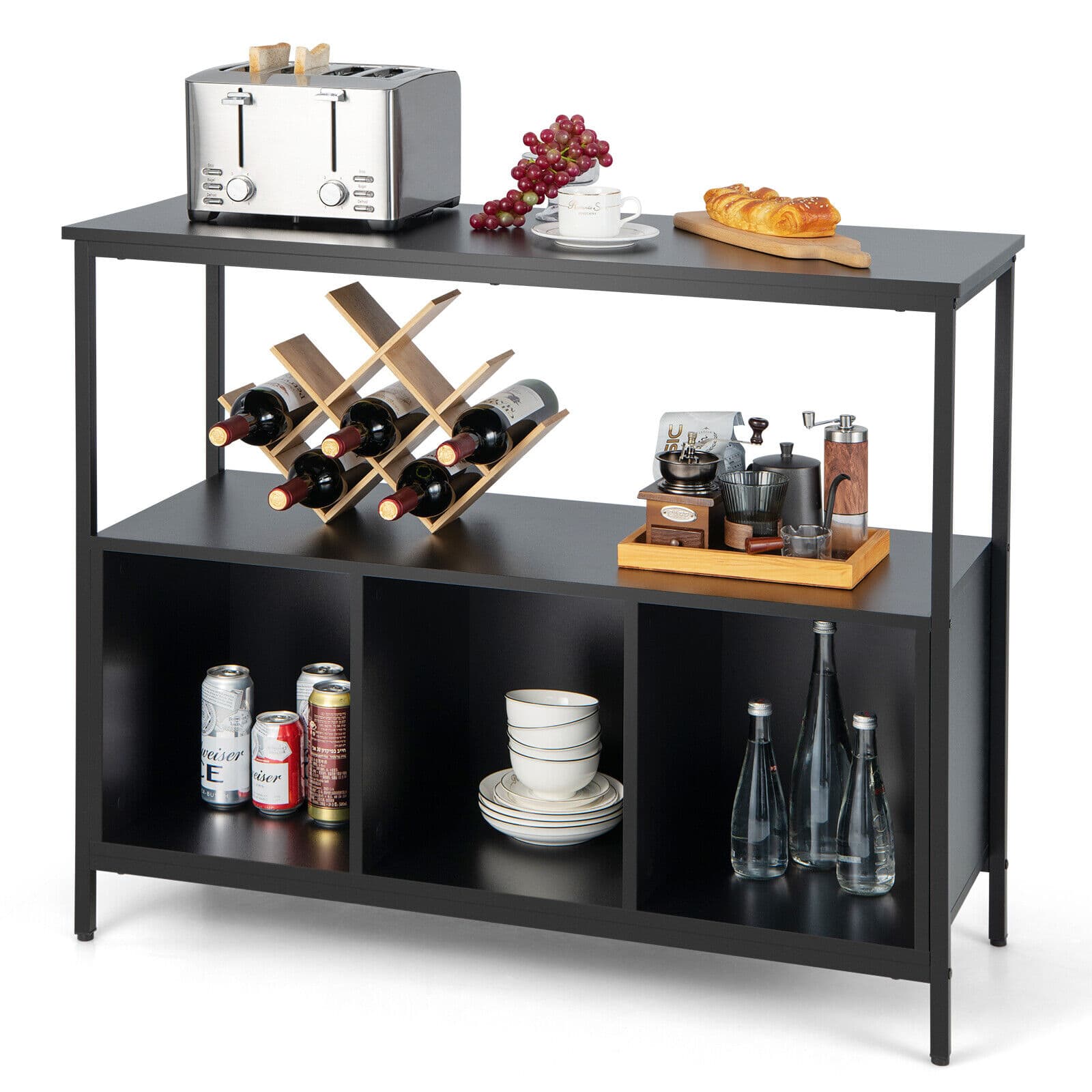 Ecooso - Modern Buffet Sideboard Cabinet, 3-Compartment Kitchen Storage Console for Dining Room - Black