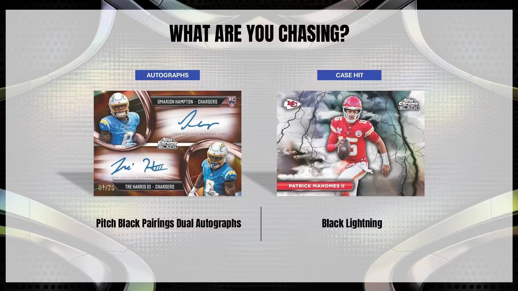 WHAT ARE YOU CHASING?  
AUTOGRAPHS  
CASE HIT  

OMARION HAMPTON - CHARGERS  
TRE HARRIS III - CHARGERS  

Pitch Black Pairings Dual Autographs  
Black Lightning  

Patrick Mahomes II