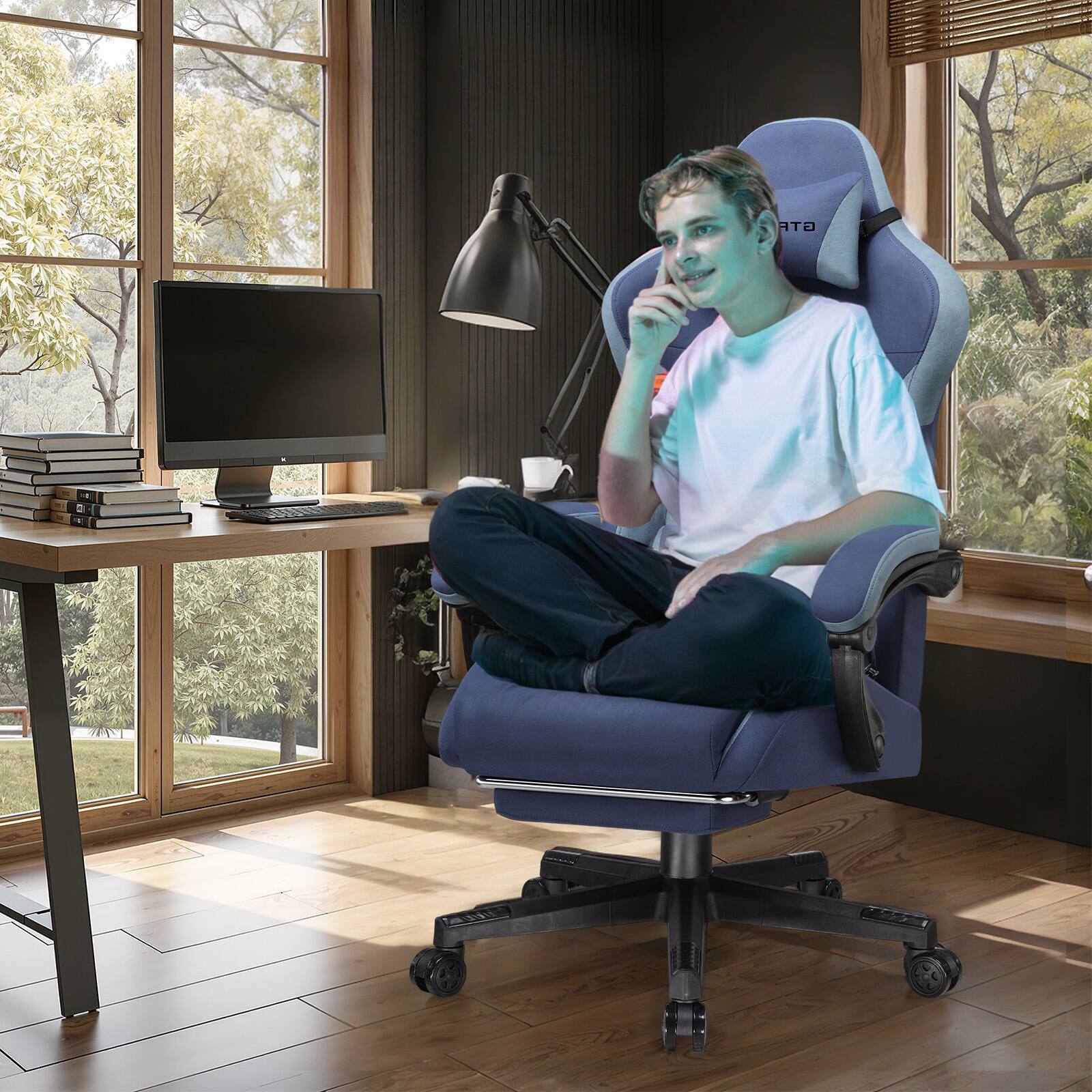 Alt View 4. GTPlayer - Gaming Chair with Extended Backrest Fabric Computer Chair,Dark Blue - Dark Blue.