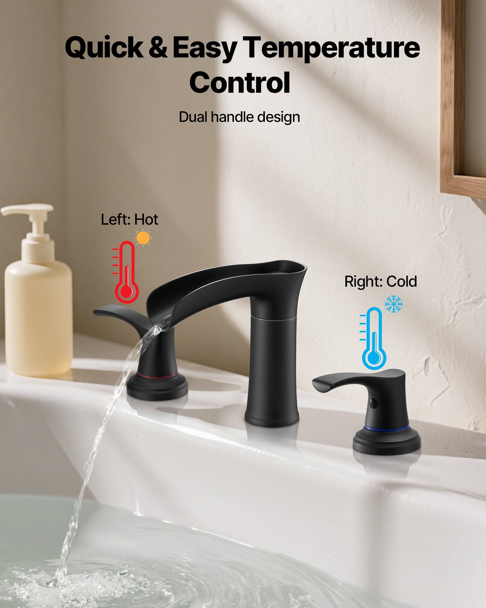 Quick & Easy Temperature Control  
Dual handle design  

Left: Hot  
Right: Cold
