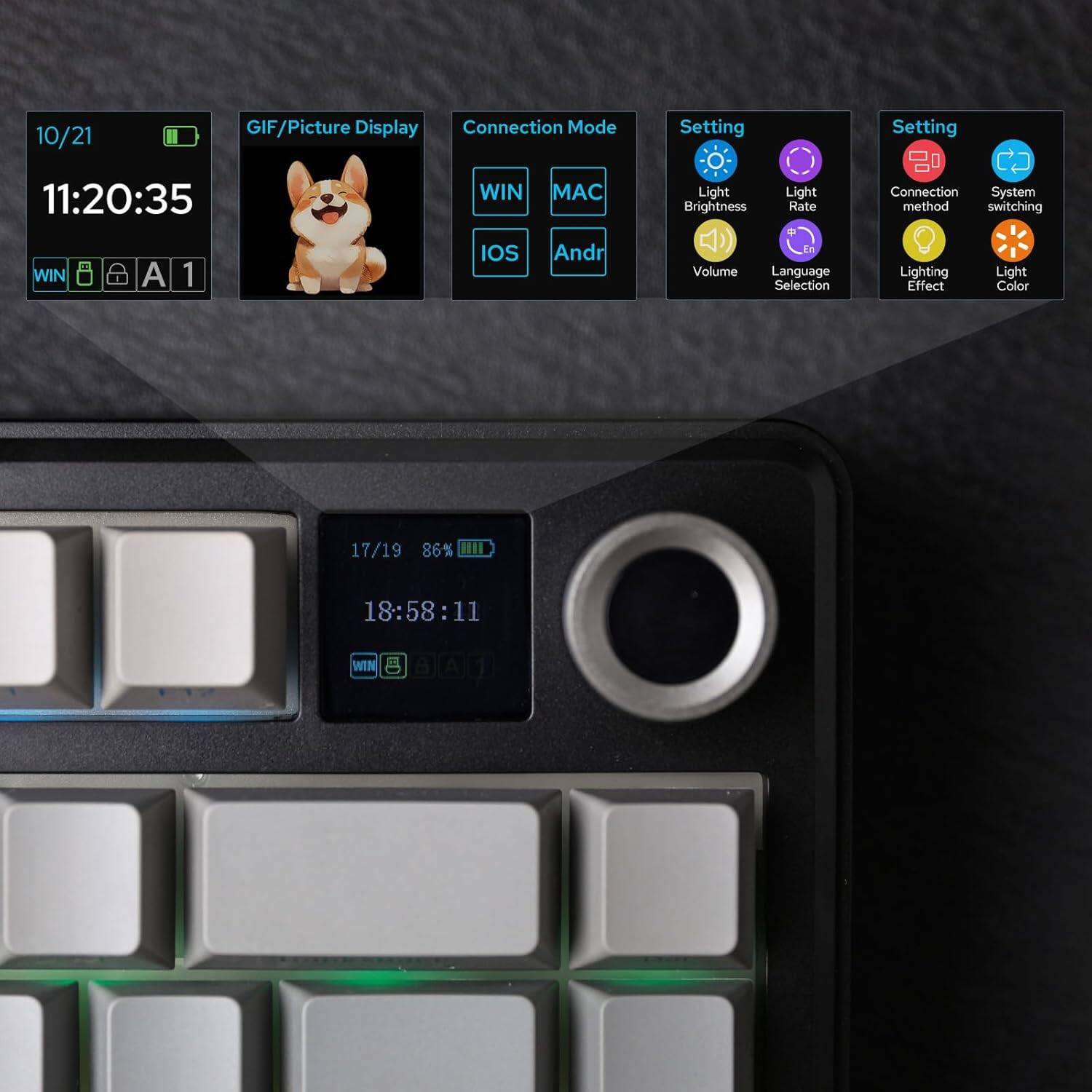 Here is the corrected and grouped text from the image:

**Date and Time:**
- 10/21
- 11:20:35
- 17/19
- 18:58:11

**Connection Mode:**
- WIN
- MAC
- IOS
- Android

**Settings:**
- Brightness
- Light Rate
- Connection Method Switching
- Volume
- Language Selection
- Lighting Effect
- Light Color

**Other Information:**
- 86%
- HI