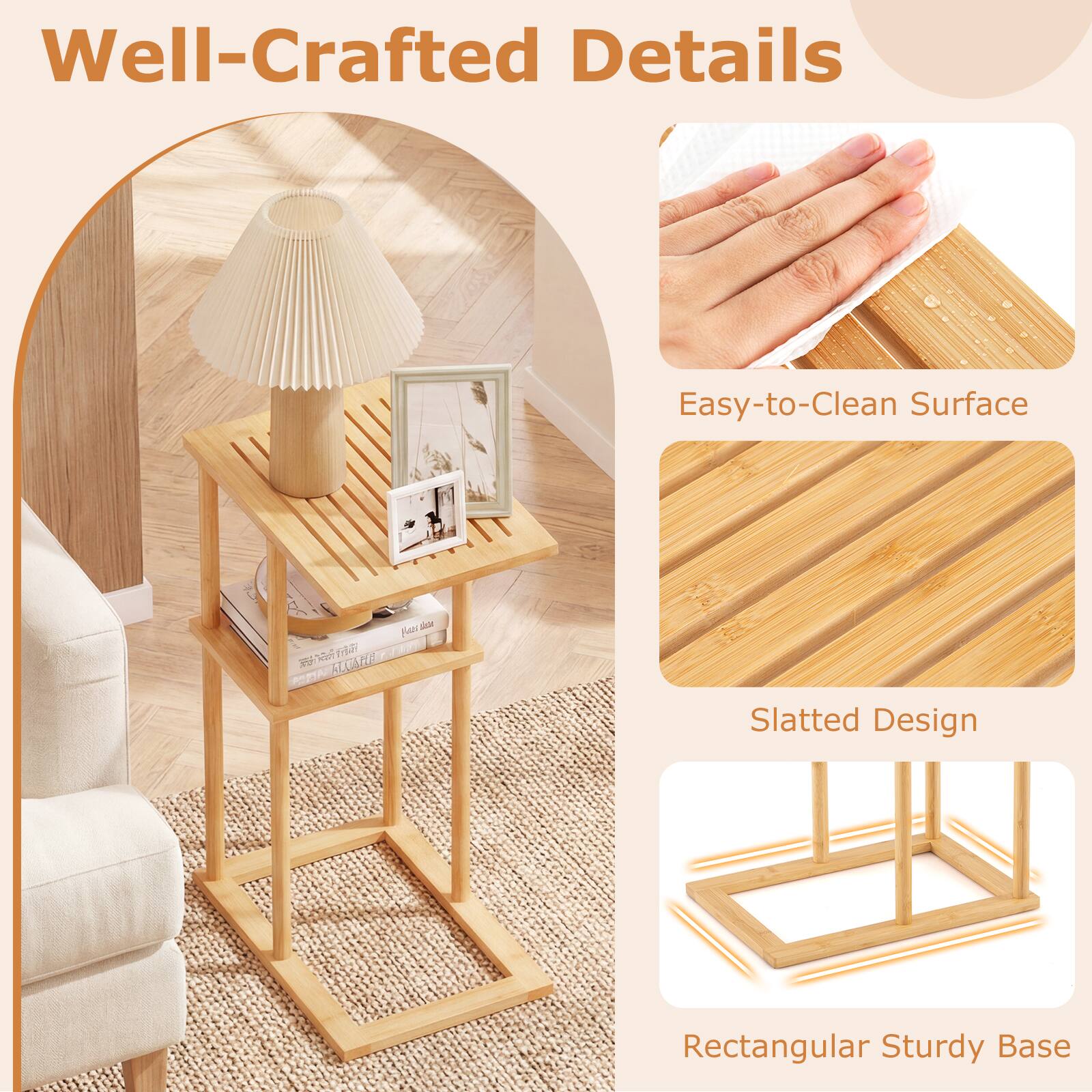 Well-Crafted Details

- Easy-to-Clean Surface
- Slatted Design
- Rectangular Sturdy Base