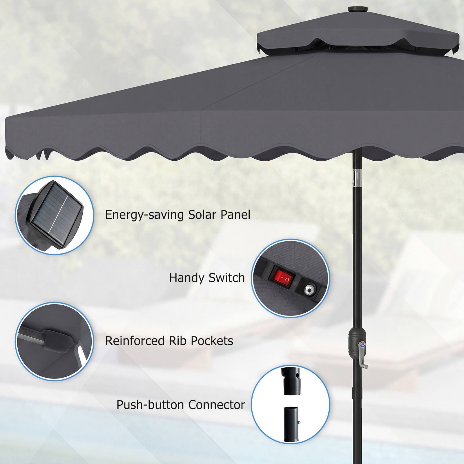 Energy-saving Solar Panel  
Handy Switch  
Reinforced Rib Pockets  
Push-button Connector
