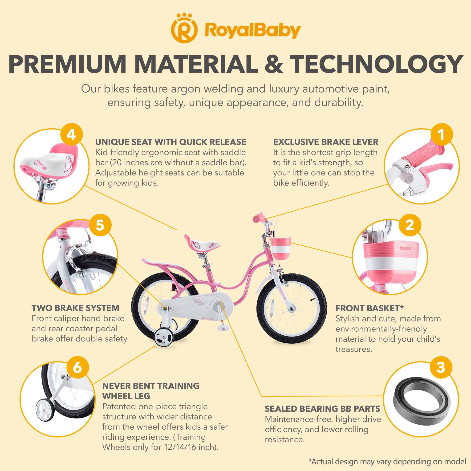 **RoyalBaby**

**PREMIUM MATERIAL & TECHNOLOGY**

Our bikes feature argon welding and luxury automotive paint, ensuring safety, unique appearance, and durability.

**4 UNIQUE SEAT WITH QUICK RELEASE**
Kid-friendly ergonomic seat with saddle bar (20 inches are without a saddle bar). Adjustable height seats can be suitable for growing kids.

**EXCLUSIVE BRAKE LEVER**
It is the shortest grip length to fit a kid's strength, so your little one can stop the bike efficiently.

**2 TWO BRAKE SYSTEM**
Front caliper hand brake and rear coaster pedal brake offer double safety.

**FRONT BASKET**
Stylish and cute, made from environmentally-friendly material to hold your child's treasures.

**6 NEVER BENT TRAINING WHEEL LEG**
Patented one-piece triangle structure with wider distance from the wheel offers kids a safer riding experience. (Training Wheels only for 12/14/16 inch).

**3 SEALED BEARING BB PARTS**
Maintenance-free, higher drive efficiency, and lower rolling resistance.

*Actual design may vary depending on model