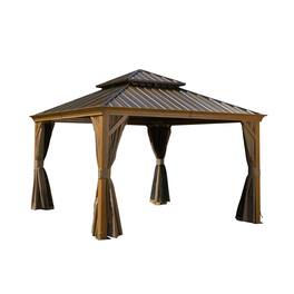 Mondawe - 12x12FT Hardtop Gazebo with Wood-Looking Aluminum Frame - Yellow Brown