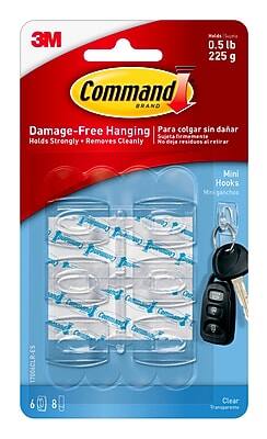 3M Command Brand  
Damage-Free Hanging  
Holds Strongly • Removes Cleanly  
Para colgar sin dañar  
Sujeta firmemente • No deja residuos al retirar  
Mini Hooks  
Mini ganchos  
0.5 lb  
225 g  
Clear  
Transparente  
6 hooks  
8 ganchos