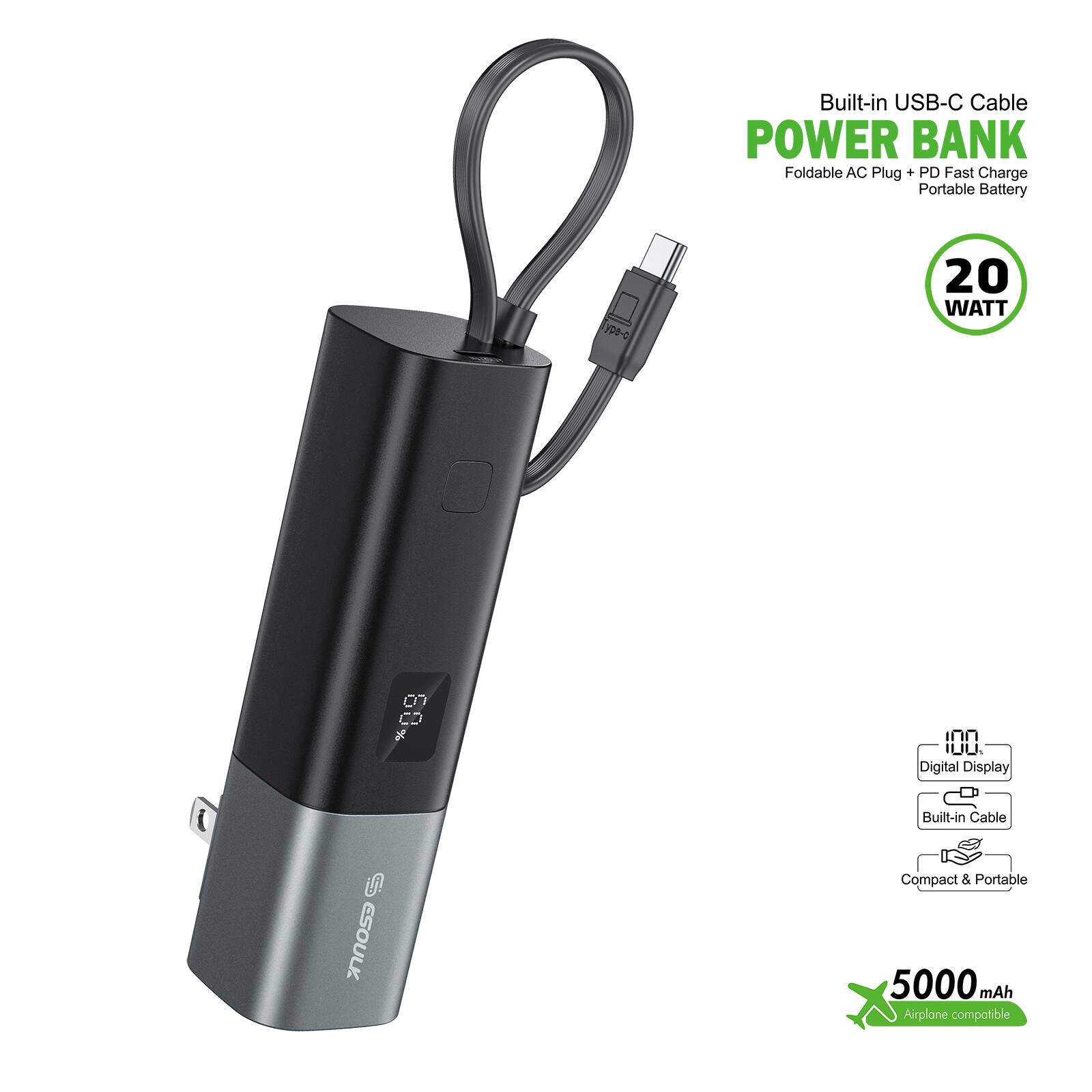 Built-in USB-C Cable POWER BANK Foldable AC Plug + PD Fast Charge Portable Battery 20 WATT 9 CD % UU. Digital Display Built-in Cable Compact & Portable 5000 mAh Airplane compatible
