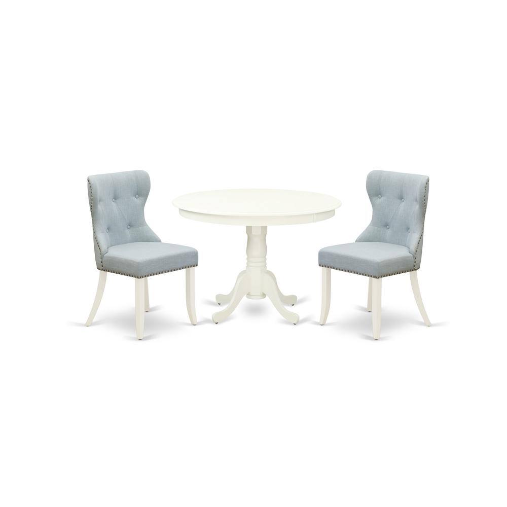 Left. East West Furniture - East-West Furniture HLSI3-LWH-15 - A modern dining table set of two fantastic parson dining chairs with Linen Fabric - Linen White.