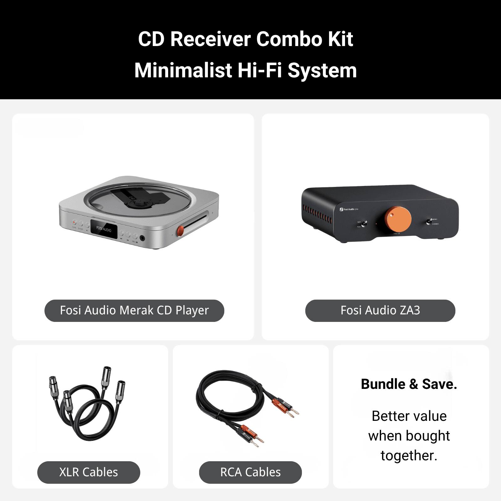 CD Receiver Combo Kit Minimalist Hi-Fi System

Fosi Audio Merak CD Player

Fosi Audio ZA3

XLR Cables

RCA Cables

Bundle & Save. Better value when bought together.