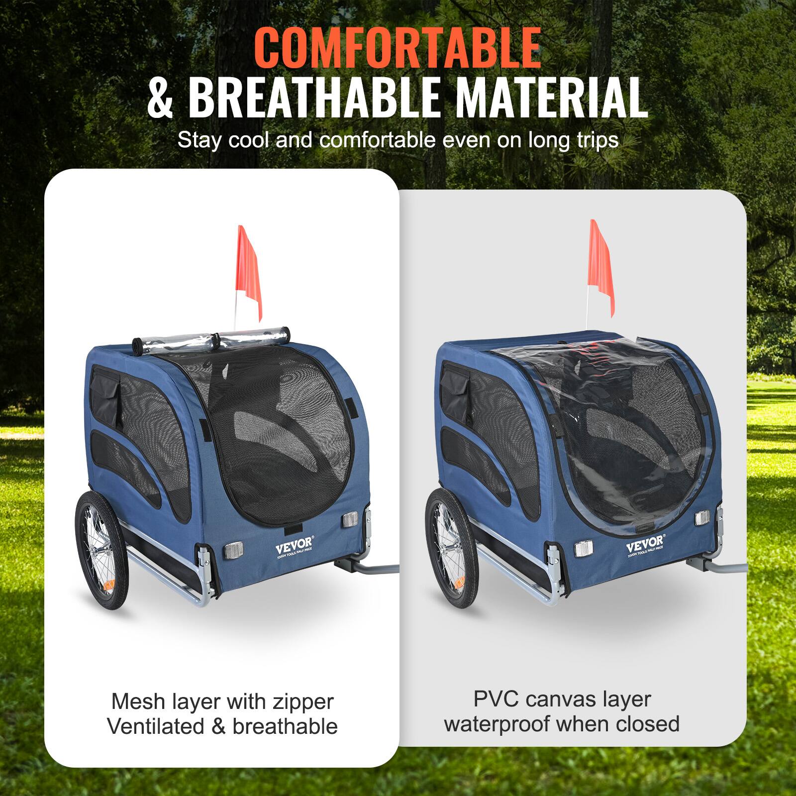 COMFORTABLE & BREATHABLE MATERIAL  
Stay cool and comfortable even on long trips  

Mesh layer with zipper  
Ventilated & breathable  

PVC canvas layer  
waterproof when closed