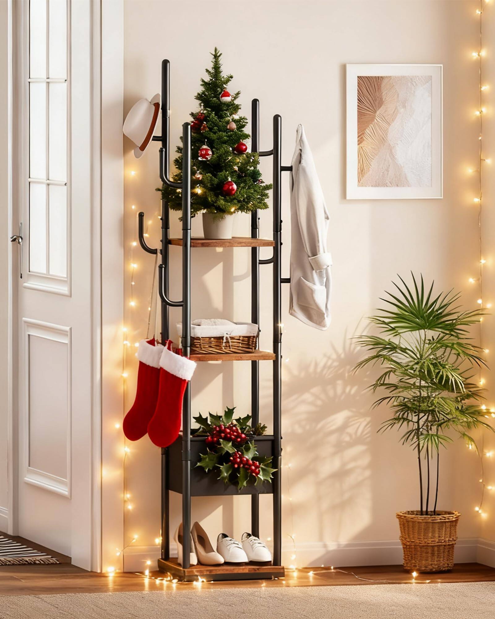 Alt View 4. Hirose Alice - Coat Rack Freestanding Coat Rack with Shelves and Fabric Pouch Square Coat Hanger Stand Metal Clothes Tree ... - Default.