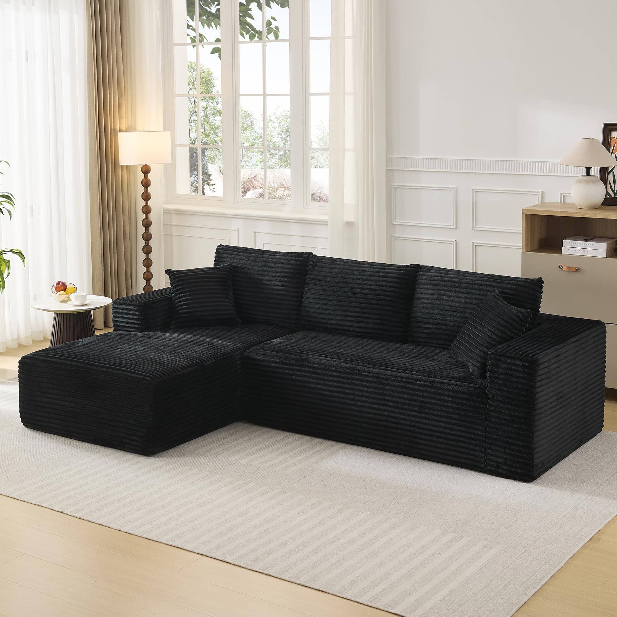 Jojoka - 108" L-Shaped Modular Sectional Sofa, 2-Piece Corduroy Cloud Couch with Deep Seats & Pillows, No Assembly - Black