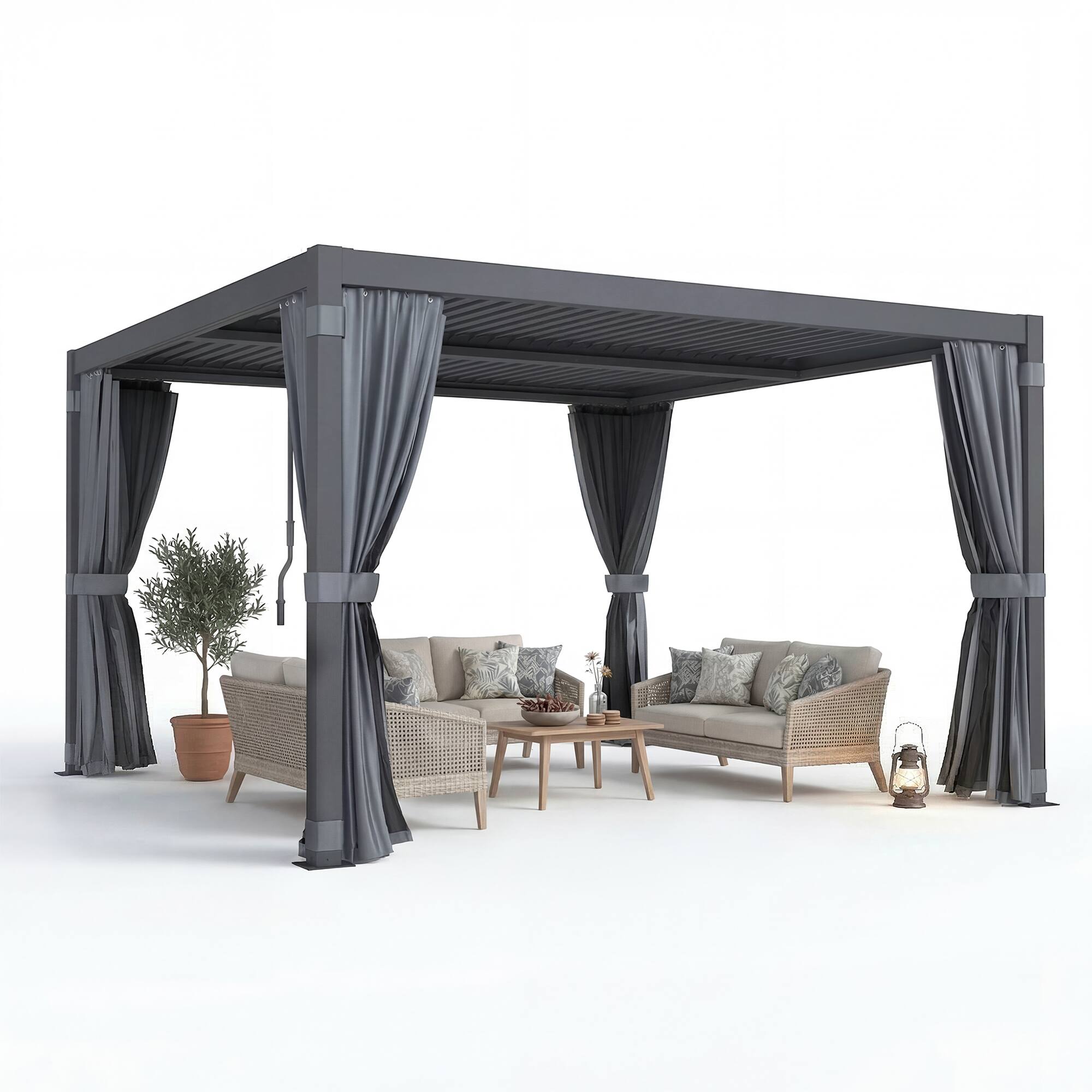 Alt View 5. U-HOMY - 12x12 Aluminum Louvered Pergola with Adjustable Roof, Outdoor Patio Gazebo with Curtains for Backyard and Deck - Dark Gray.